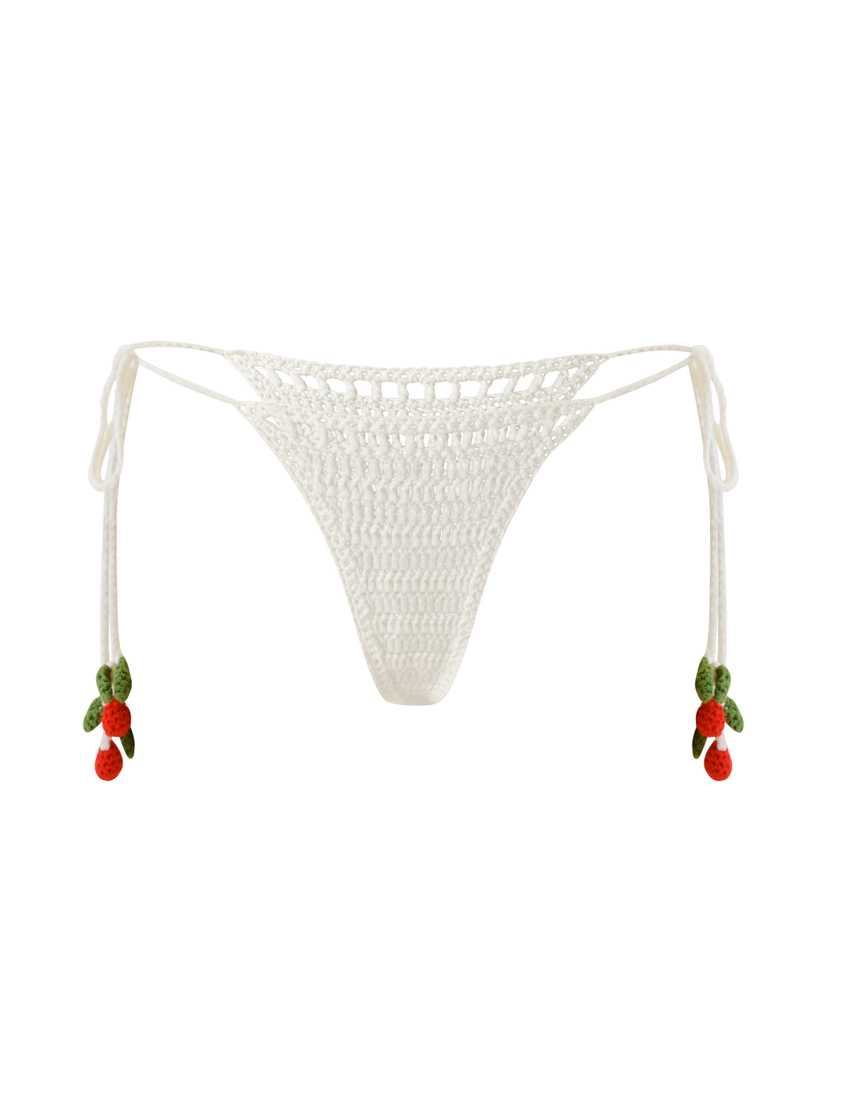 Tiger Mist Cherry Crochet Bikini Bottom in ivory, ghost mannequin front view