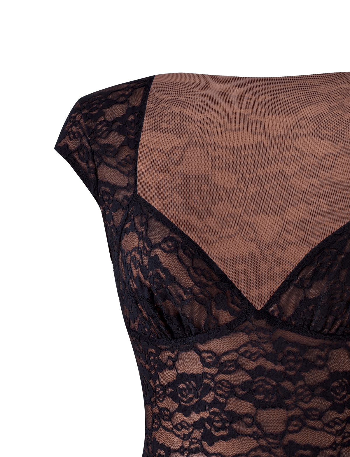 MAREN 2.0 TOP - BLACK: a black lace cap-sleeve top featuring a sweetheart neckline and a sheer mesh upper bodice.