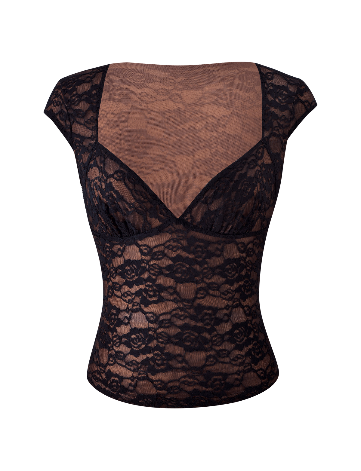 Black MAREN 2.0 TOP - BLACK lace cap-sleeve top with a sweetheart neckline, perfect for a date night.