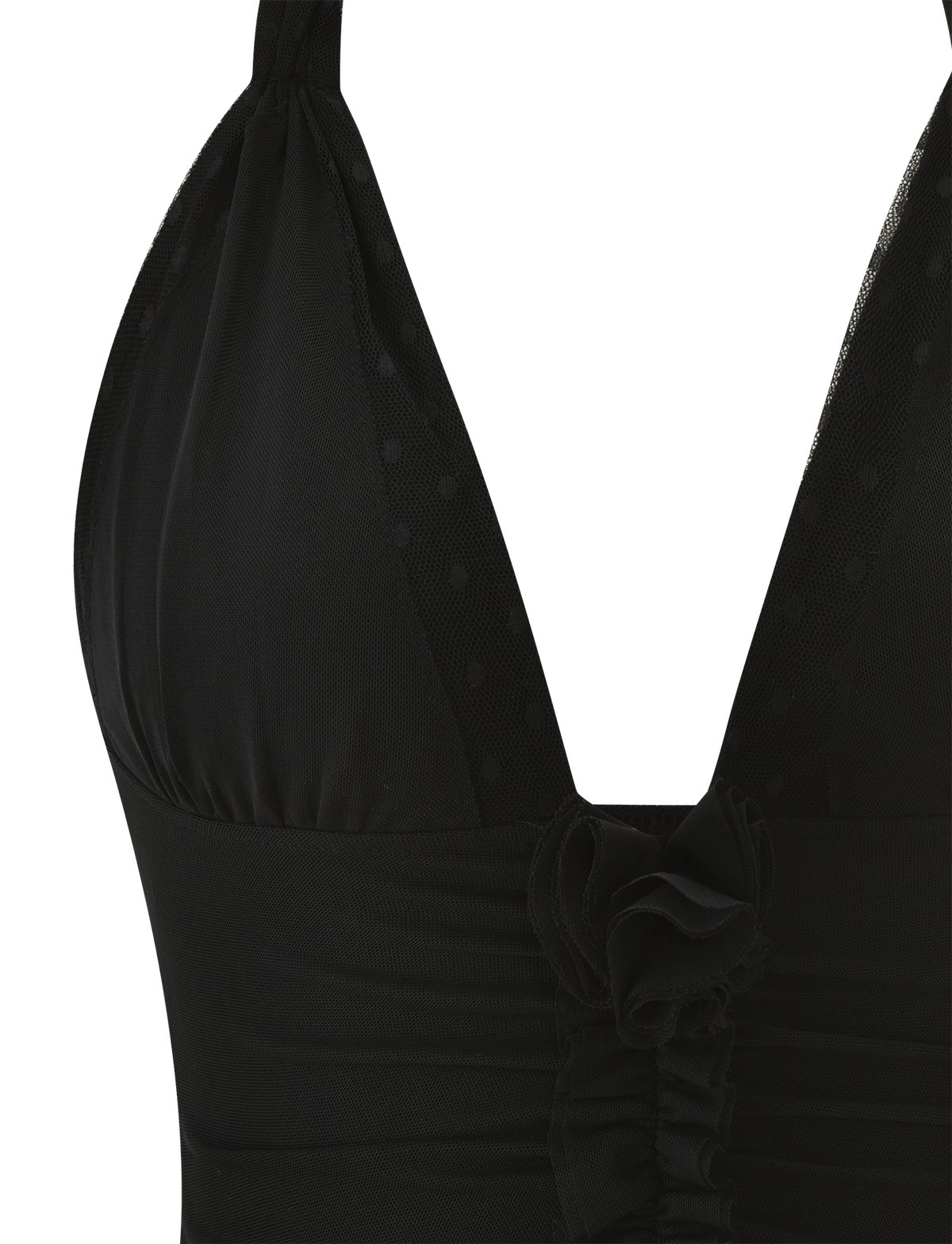 NINAH TOP - BLACK halter-neck top featuring a plunging V-neckline with mesh detailing and a rosette accent at the center bust.