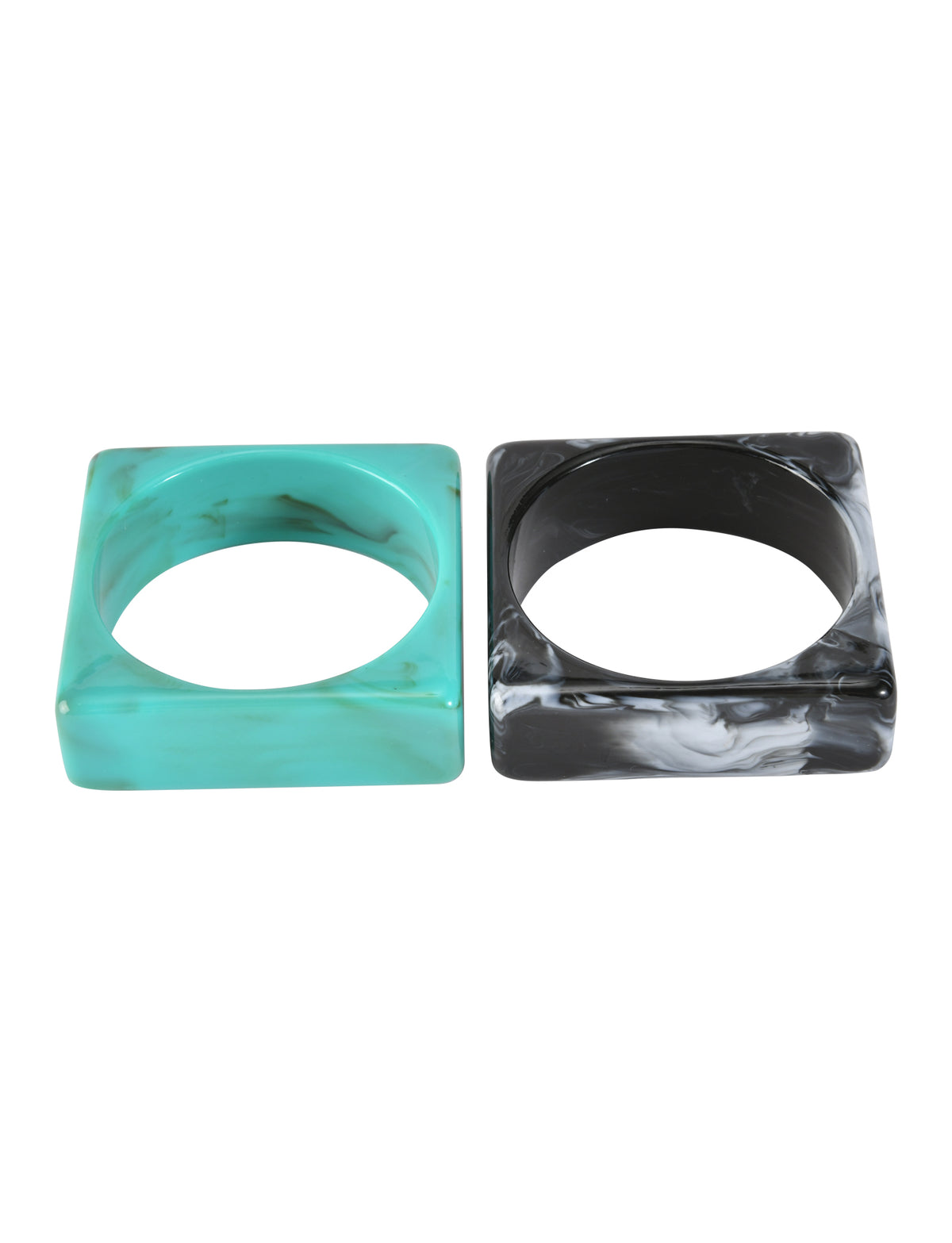 The TIGERMIST AUGIE BANGLE SET - EMERALD AND BLACK features two geometric square acrylic bangles—one marbled emerald, one black with white marbling—displayed side by side on a white background.