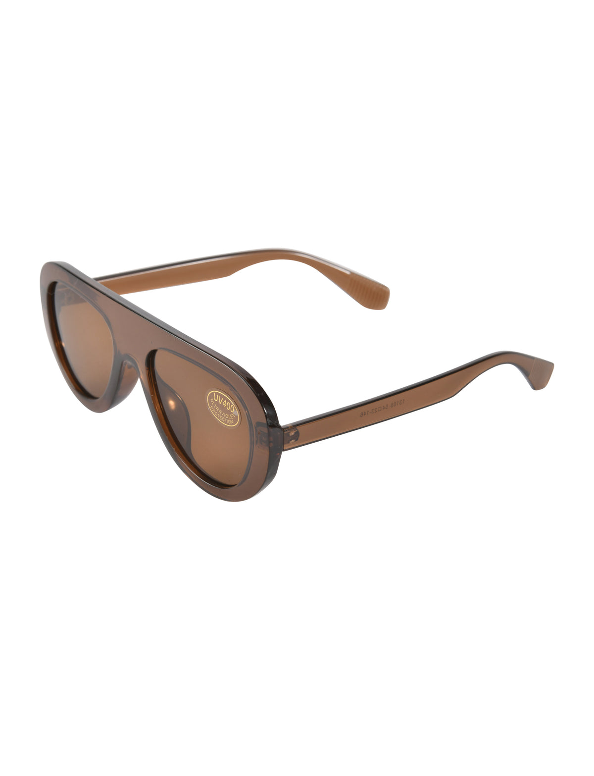 SHEILA SUNGLASSES - BROWN aviator sunglasses featuring a flat brow bar and a UV400 protection sticker on the lens.