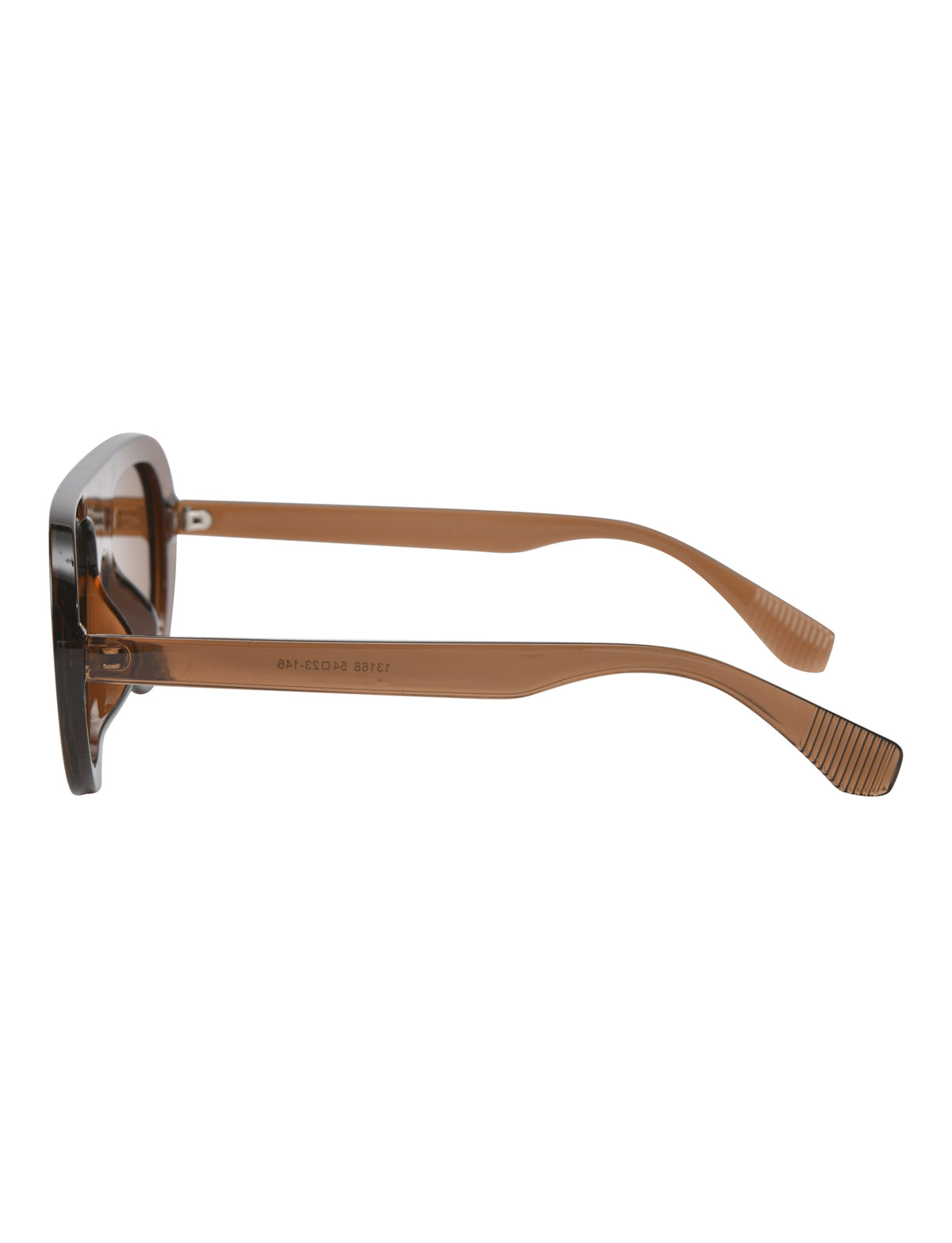 Side view of SHEILA SUNGLASSES - BROWN, featuring oversized lenses and translucent frames, an essential summer accessory.