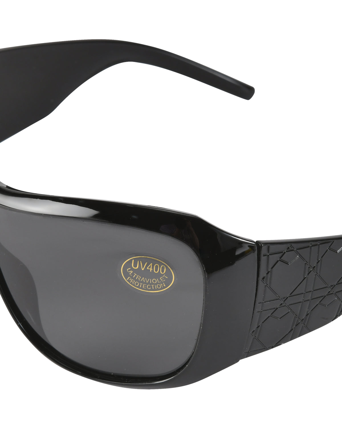 PAULIE FASHION SUNGLASSES - BLACK featuring a black shield design, geometric-patterned temples, and a UV400 protection sticker on the lens.