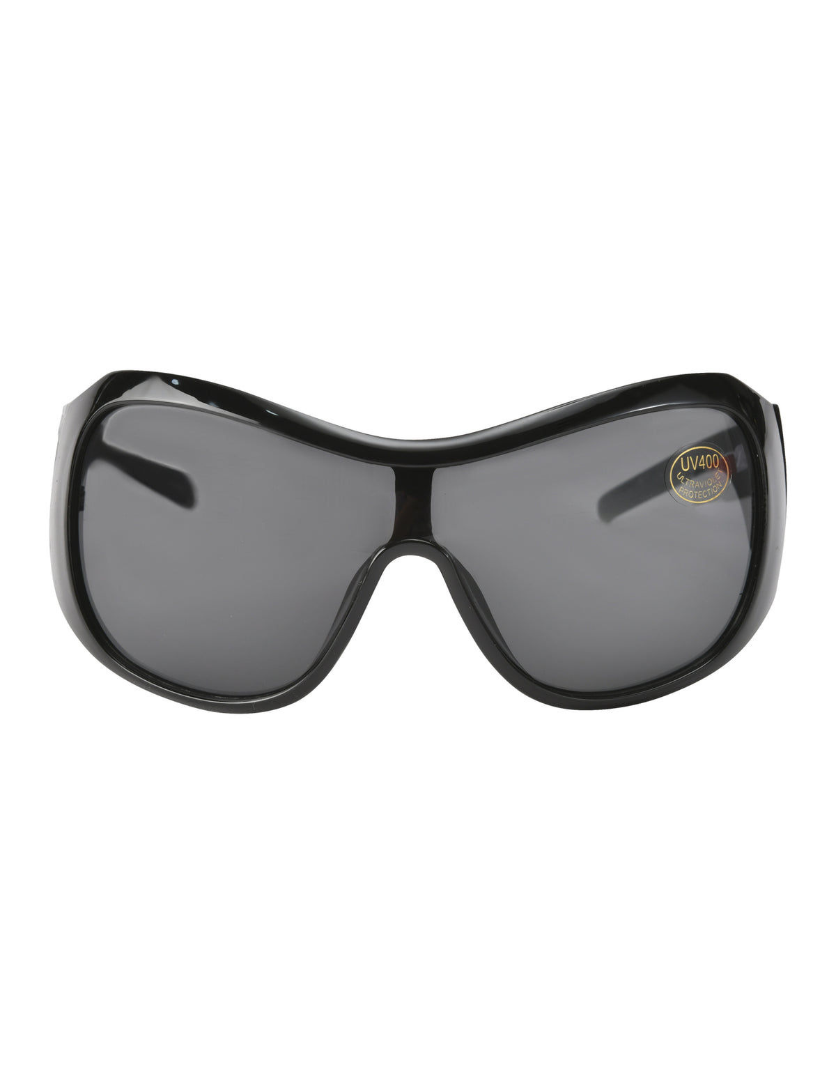PAULIE FASHION SUNGLASSES - BLACK in an extra-wide wraparound style, featuring dark lenses with a UV400 protection sticker on the right lens.