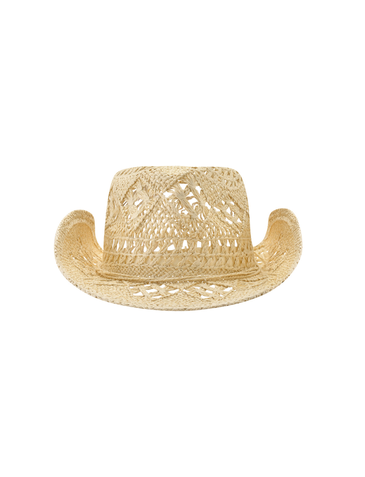 COPELAND COWBOY HAT - TAN in a woven straw pattern with an upturned brim and a one-size fit.