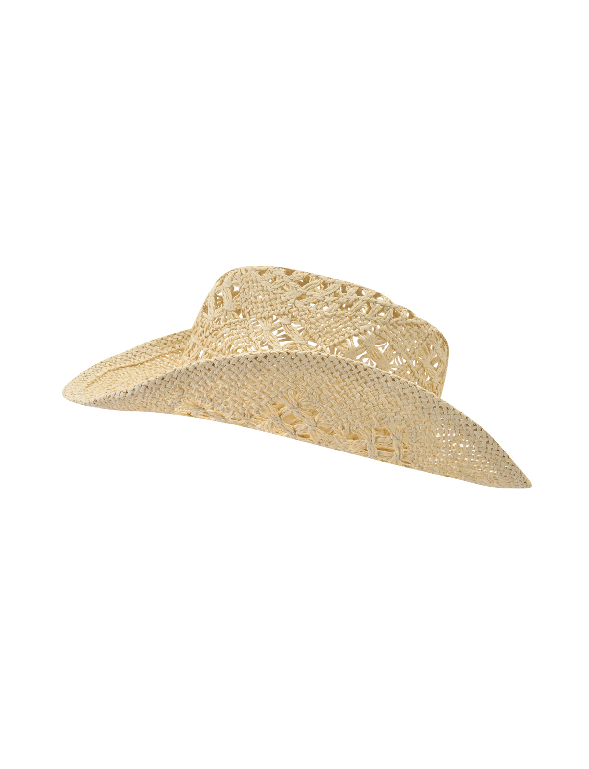 COPELAND COWBOY HAT - TAN in woven straw with a cutout pattern, available in one size.