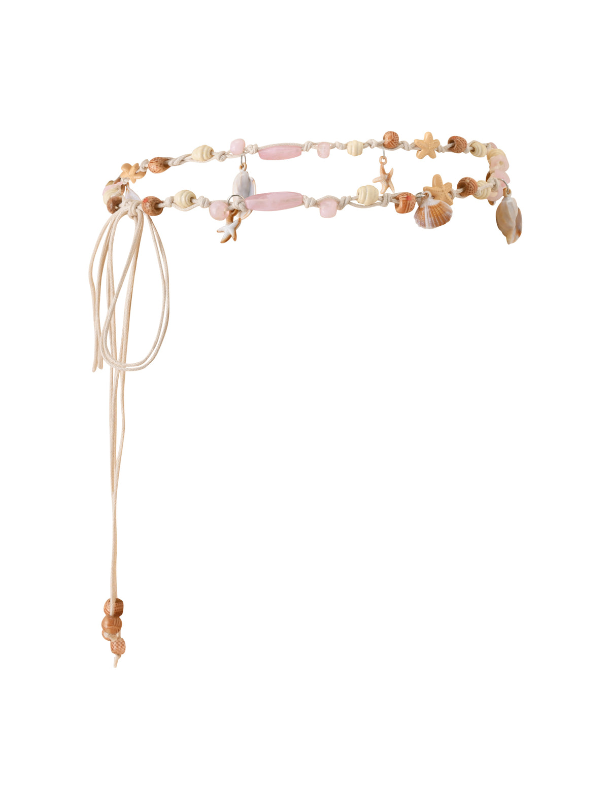 ARIEL BEADED BELT - TAN featuring faux shell beads, starfish charms, and pink stones on a light-colored cord with long ties, perfect as a beach holiday accessory.