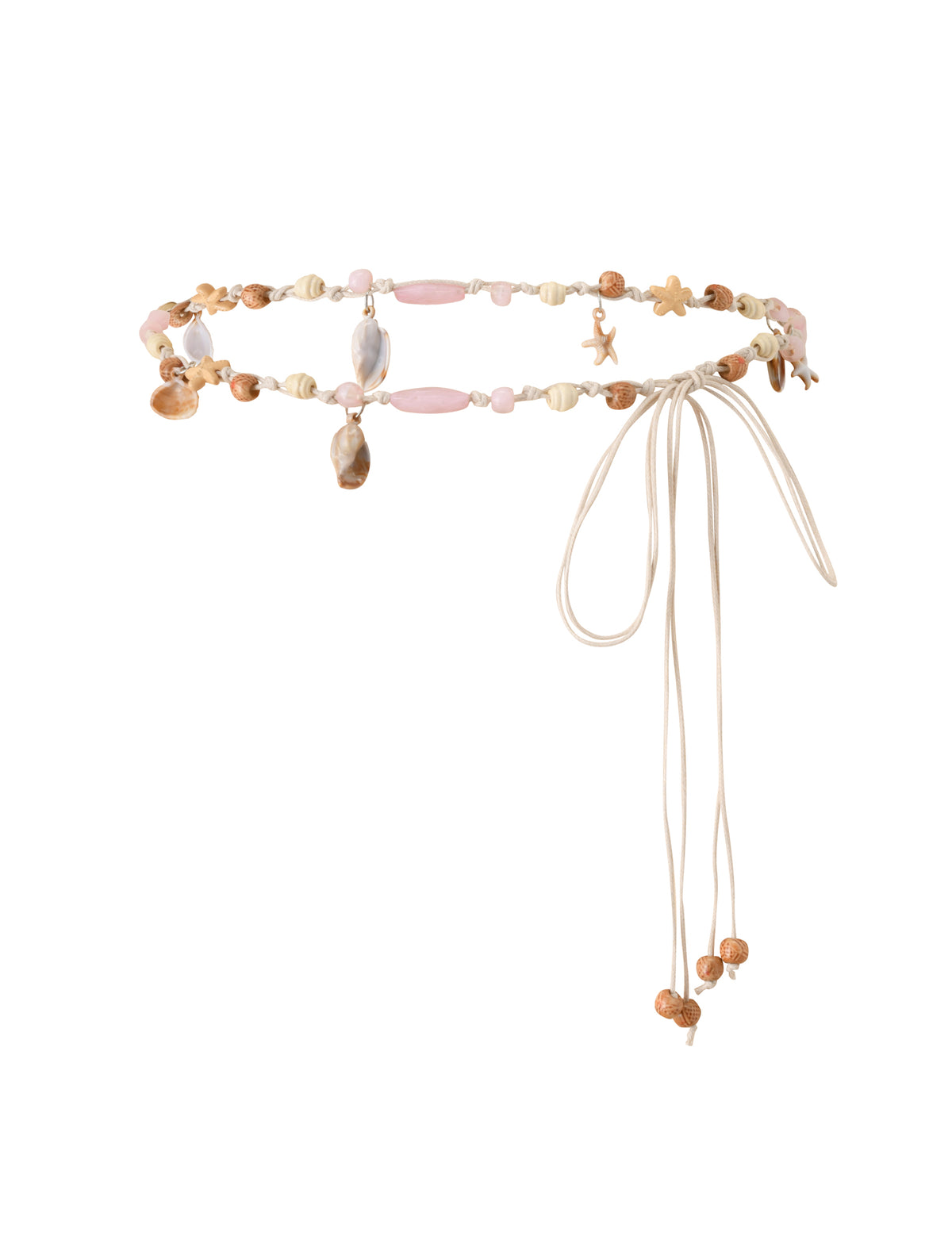 ARIEL BEADED BELT - TAN featuring faux shell beads, starfish charms, and light pink accents on tan cord ties, perfect as a beach holiday accessory.
