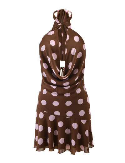 The TIGERMIST ZYLA MINI DRESS features a sleeveless brown design with large light pink dots, cowl halter neck, open back, and a ruffled flowy hem. Displayed on a plain white background.