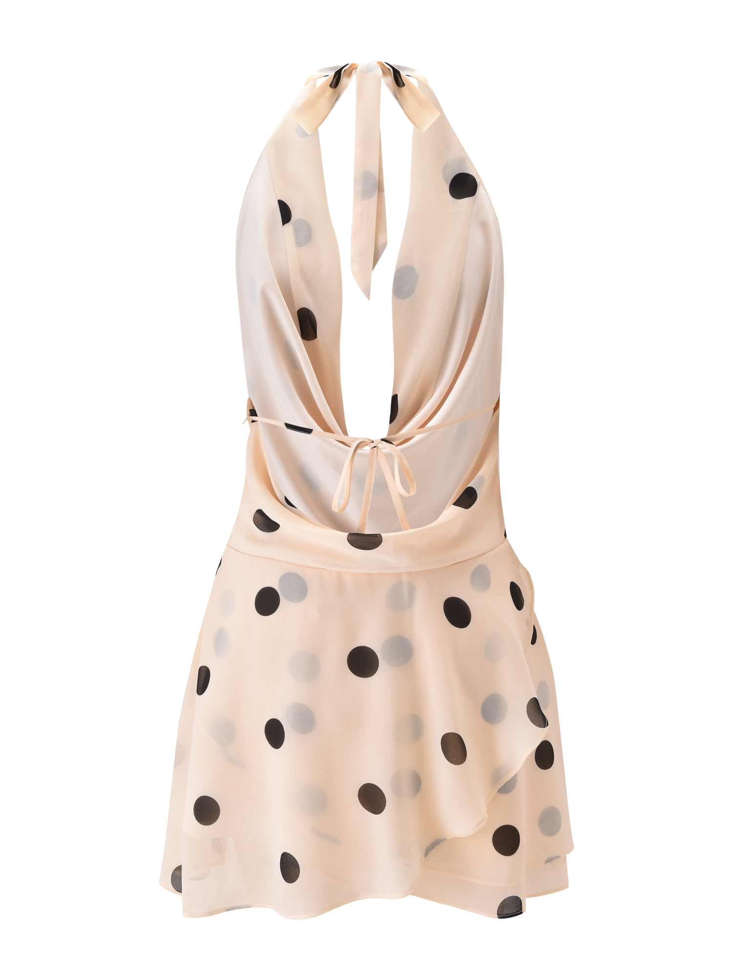 The LATHAN MINI DRESS by TIGERMIST is a light cream chiffon halter mini dress with large black polka dots, a deep V-neckline, open back, loose fit, and a playful tiered flounce skirt.