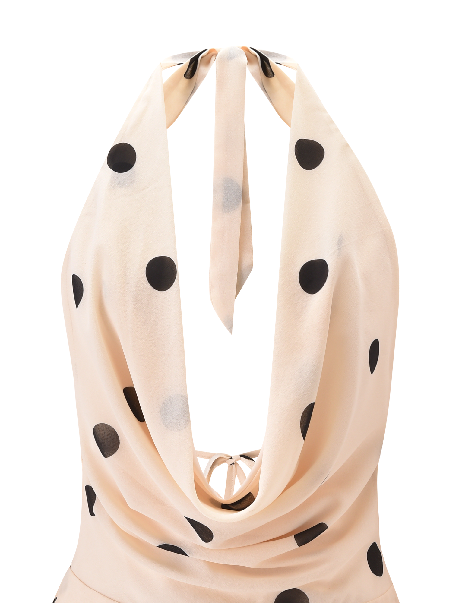 The TIGERMIST LATHAN MINI DRESS in cream is a chiffon halter mini dress with black polka dots, a draped neckline, neck tie, and a tiered flounce skirt.