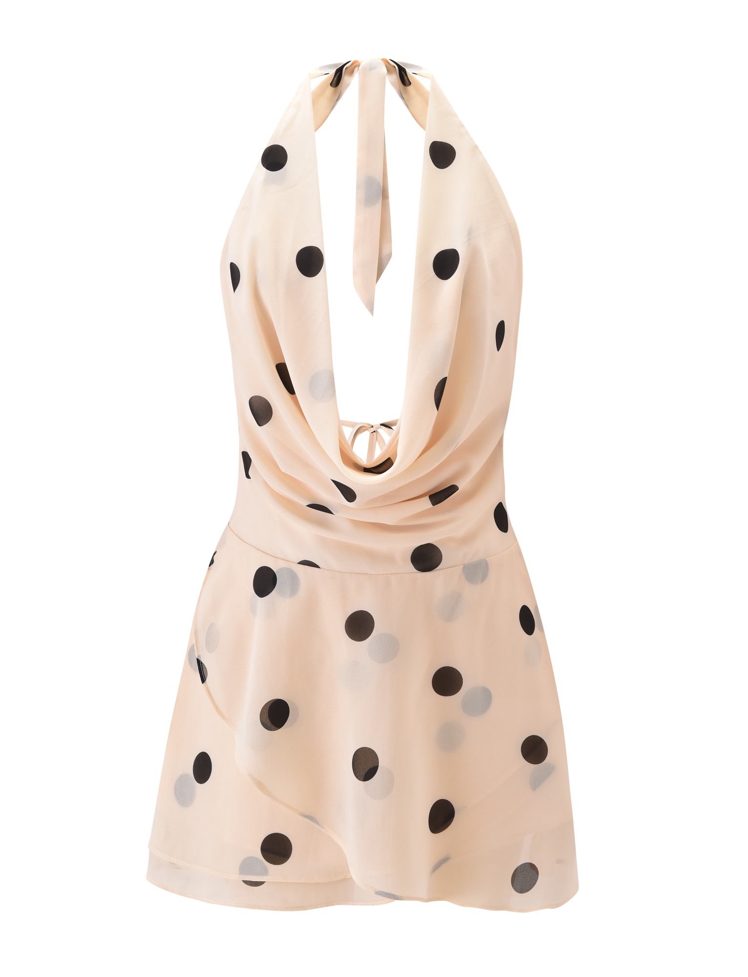 The LATHAN MINI DRESS - CREAM by TIGERMIST features cream chiffon with bold black polka dots, a halter neck, deep cowl neckline, open back, and asymmetrical hem—perfect for making a statement at your next event.