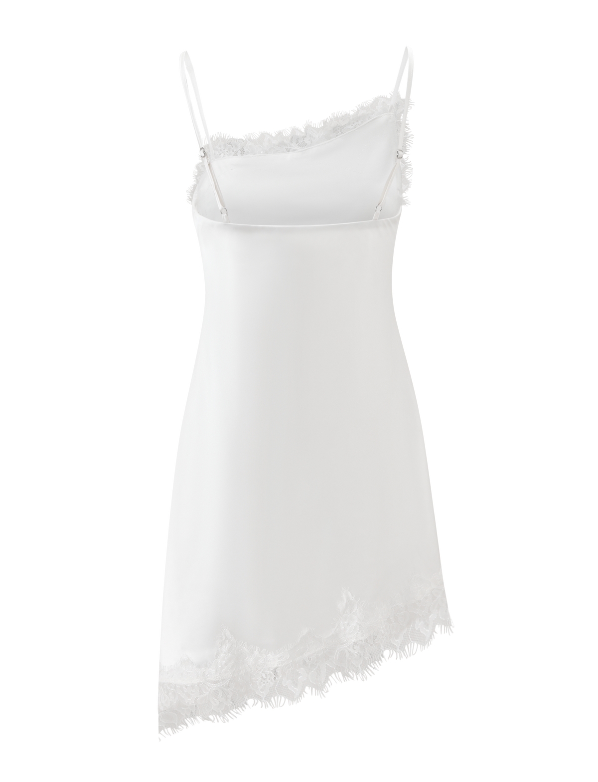 The ILARIA MINI DRESS - IVORY by TIGERMIST is a white satin mini dress with adjustable straps, an asymmetrical neckline, and scalloped lace trims along the neckline and slanted hem for a unique, elegant look.