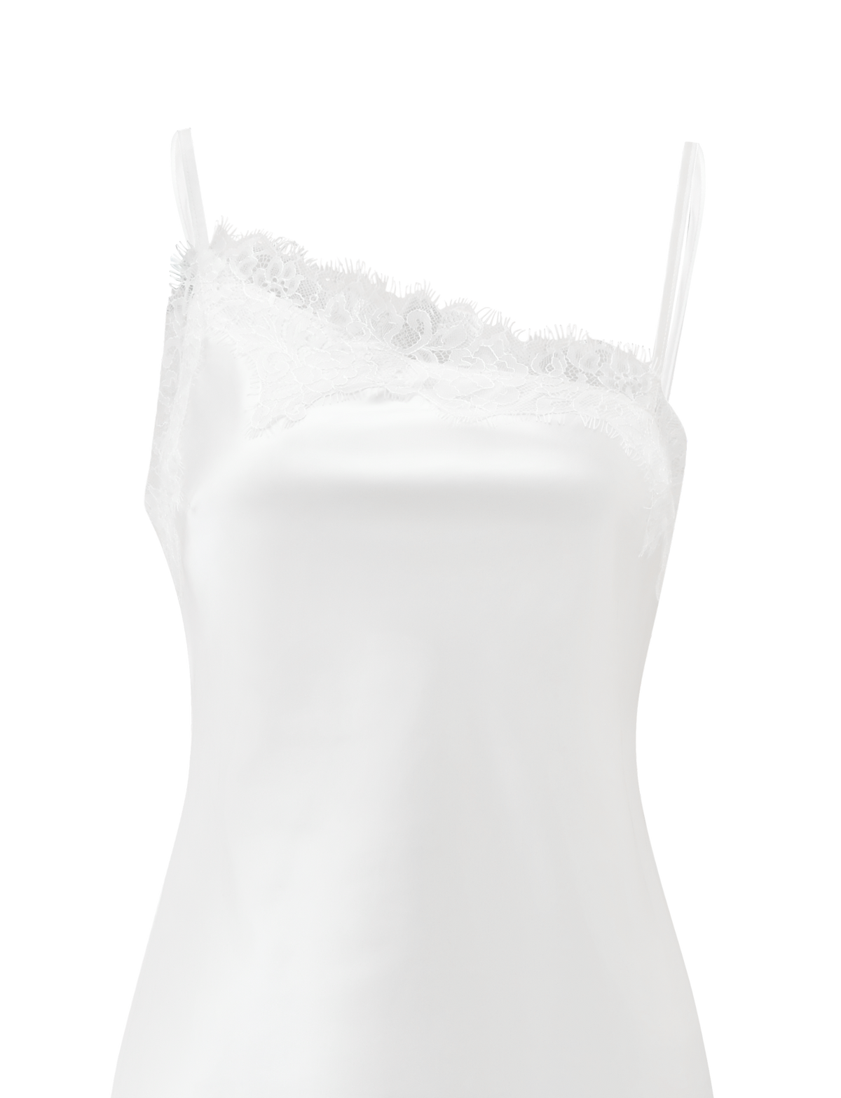 The TIGERMIST ILARIA MINI DRESS - IVORY is a white satin mini dress with adjustable straps, an asymmetrical neckline, and delicate scalloped lace trims, shown against a plain white background.