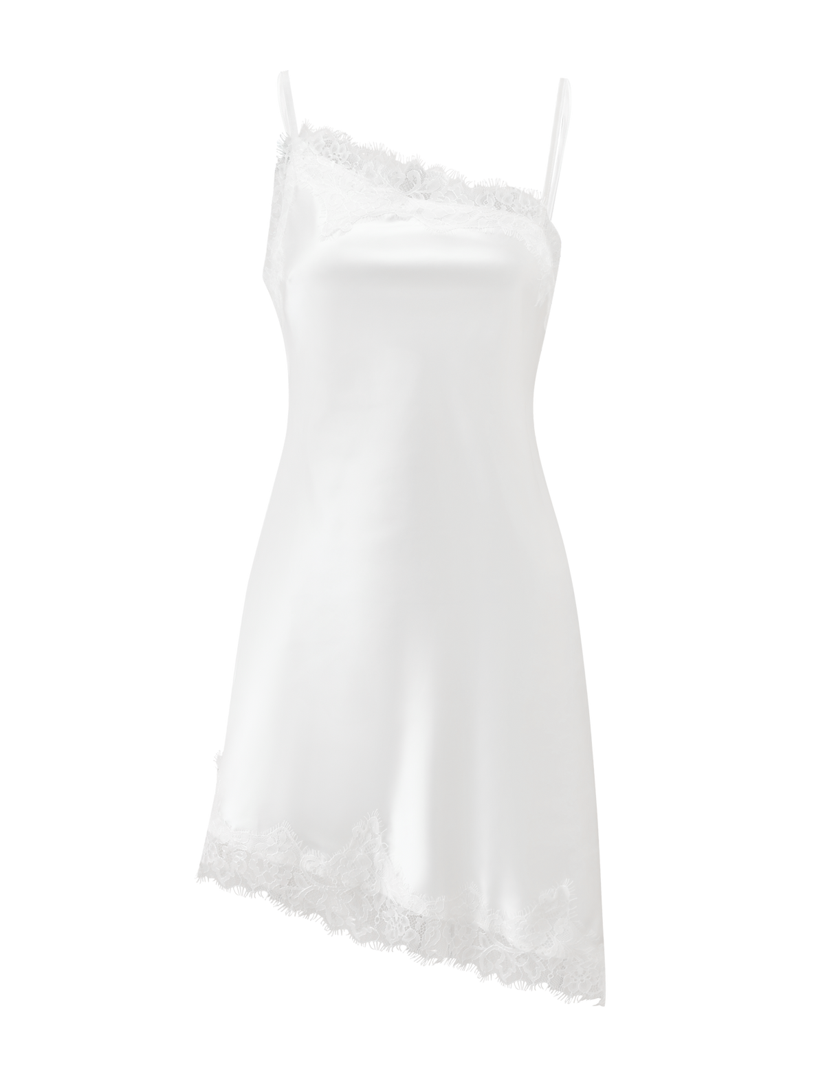 The ILARIA MINI DRESS - IVORY by TIGERMIST is a white satin mini dress with adjustable straps, scalloped lace at the hem and neckline, a subtly asymmetrical cut, and a smooth fitted silhouette for an elegant look.