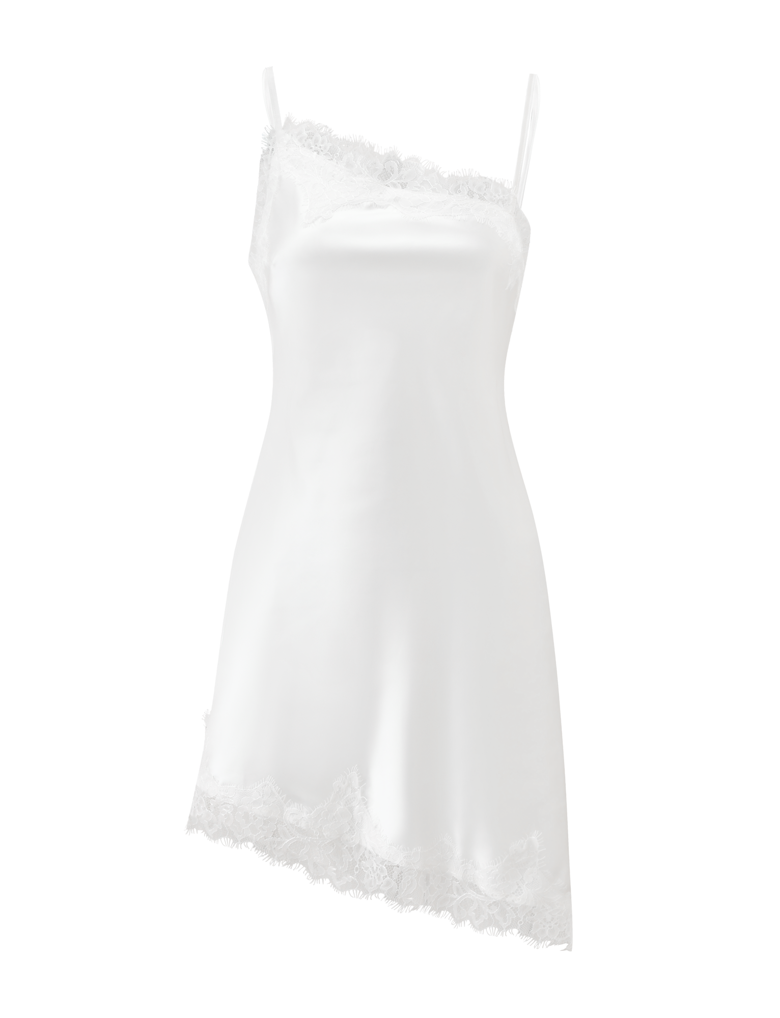 The ILARIA MINI DRESS - IVORY by TIGERMIST is a white satin mini dress with adjustable straps, scalloped lace at the hem and neckline, a subtly asymmetrical cut, and a smooth fitted silhouette for an elegant look.