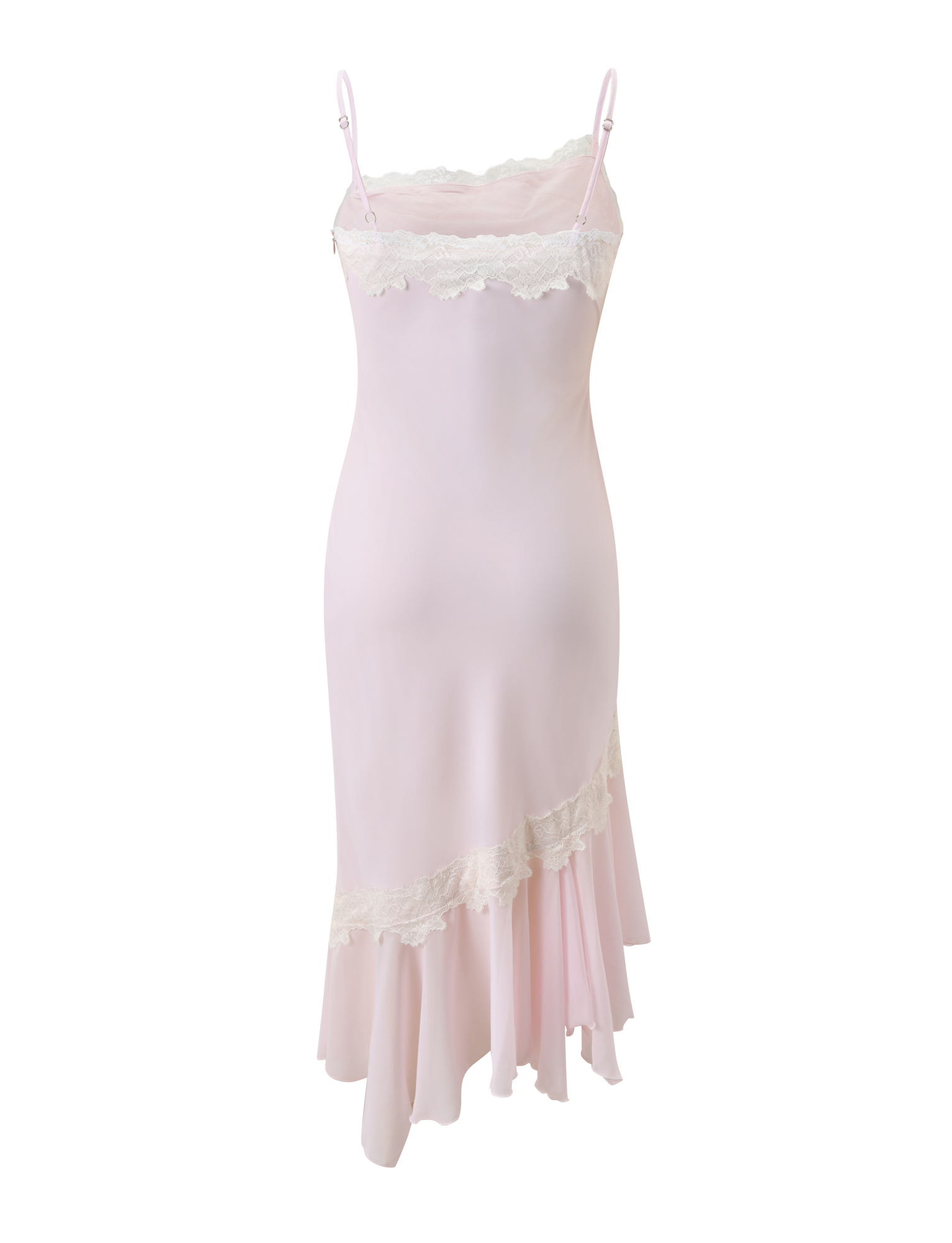 The LORIA MIDI DRESS by TIGERMIST features light pink chiffon, white lace trim on the neckline and hem, adjustable spaghetti straps, and an asymmetrical ruffled hem for an elegant look.