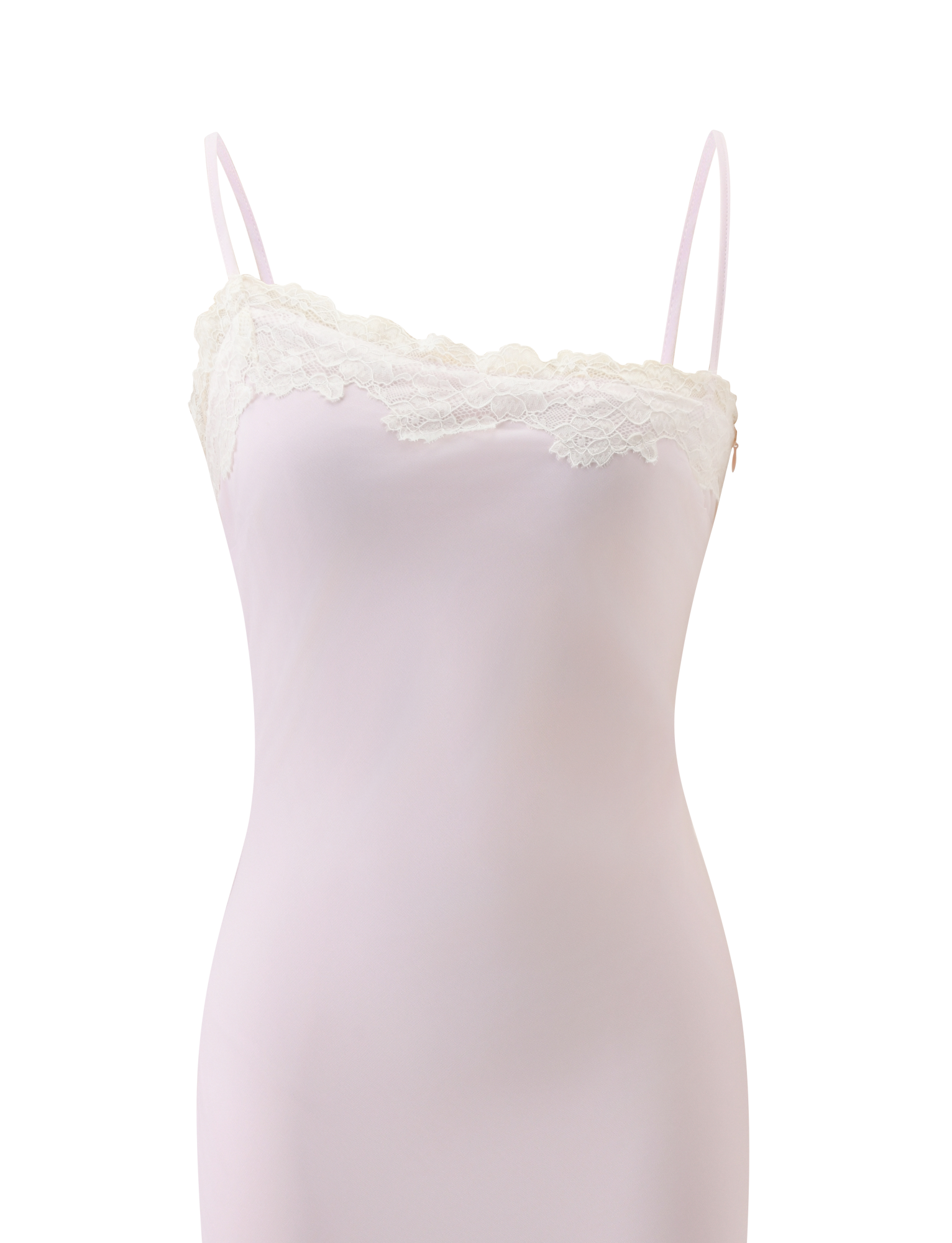 The TIGERMIST LORIA MIDI DRESS in pink features thin spaghetti straps and white lace detailing along the neckline, crafted from light pink chiffon. Displayed on a white background.