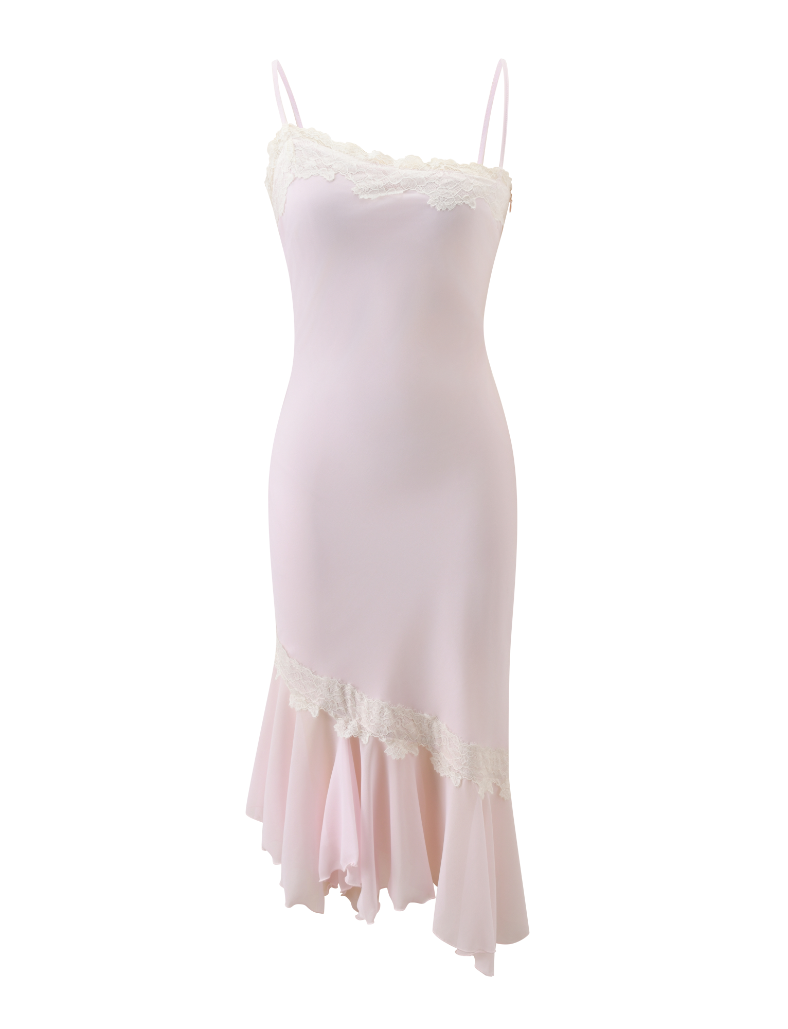 The LORIA MIDI DRESS by TIGERMIST features light pink chiffon, a sleeveless design with thin spaghetti straps, lace-trimmed top edge, and an asymmetrical hem with matching lace accents.