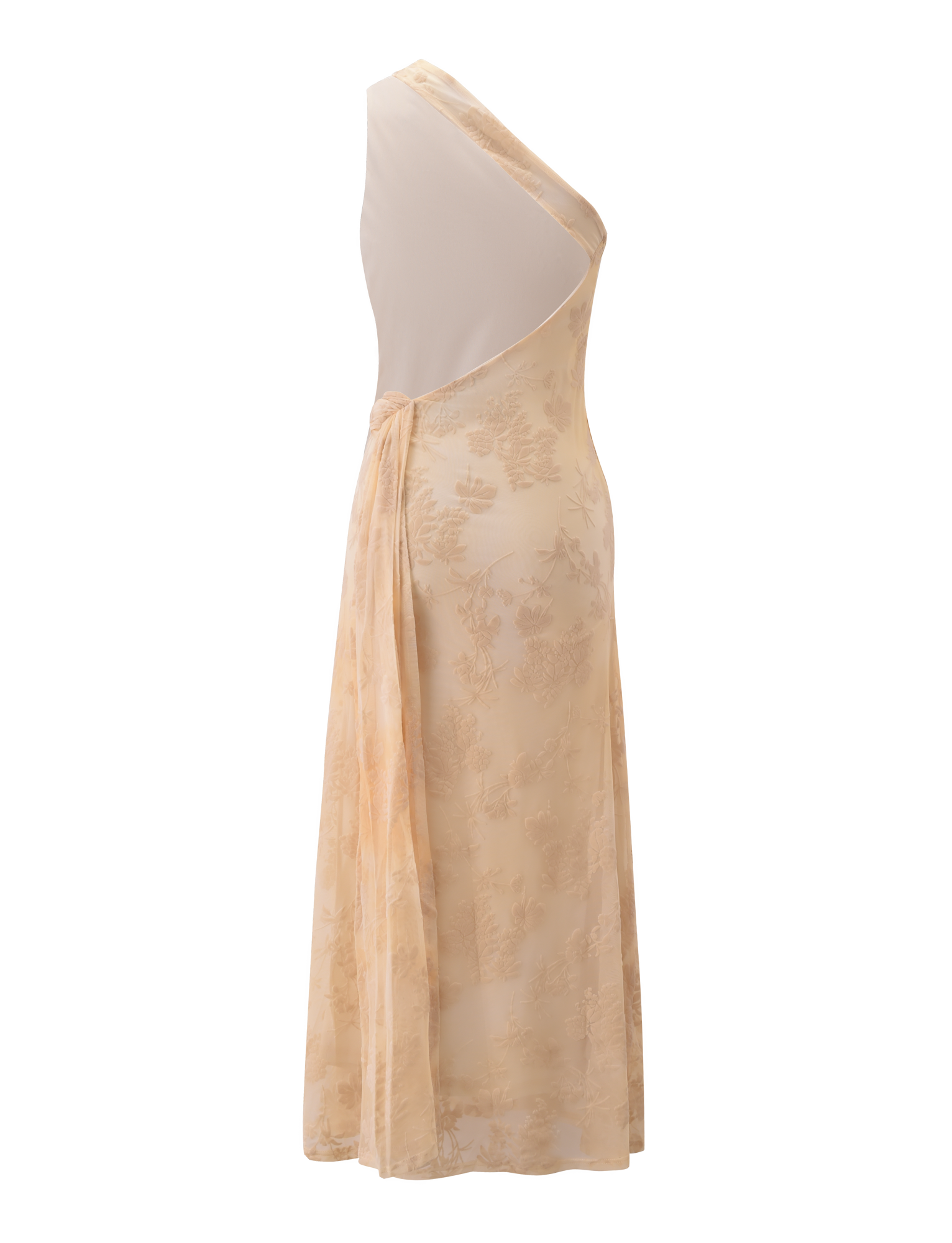 The TIGERMIST CHARLYSE ONE SHOULDER MAXI DRESS in butter yellow features a sleeveless, one-shoulder neckline, sheer mesh top, ruched waistband, and a floral skirt design, shown on a white background.