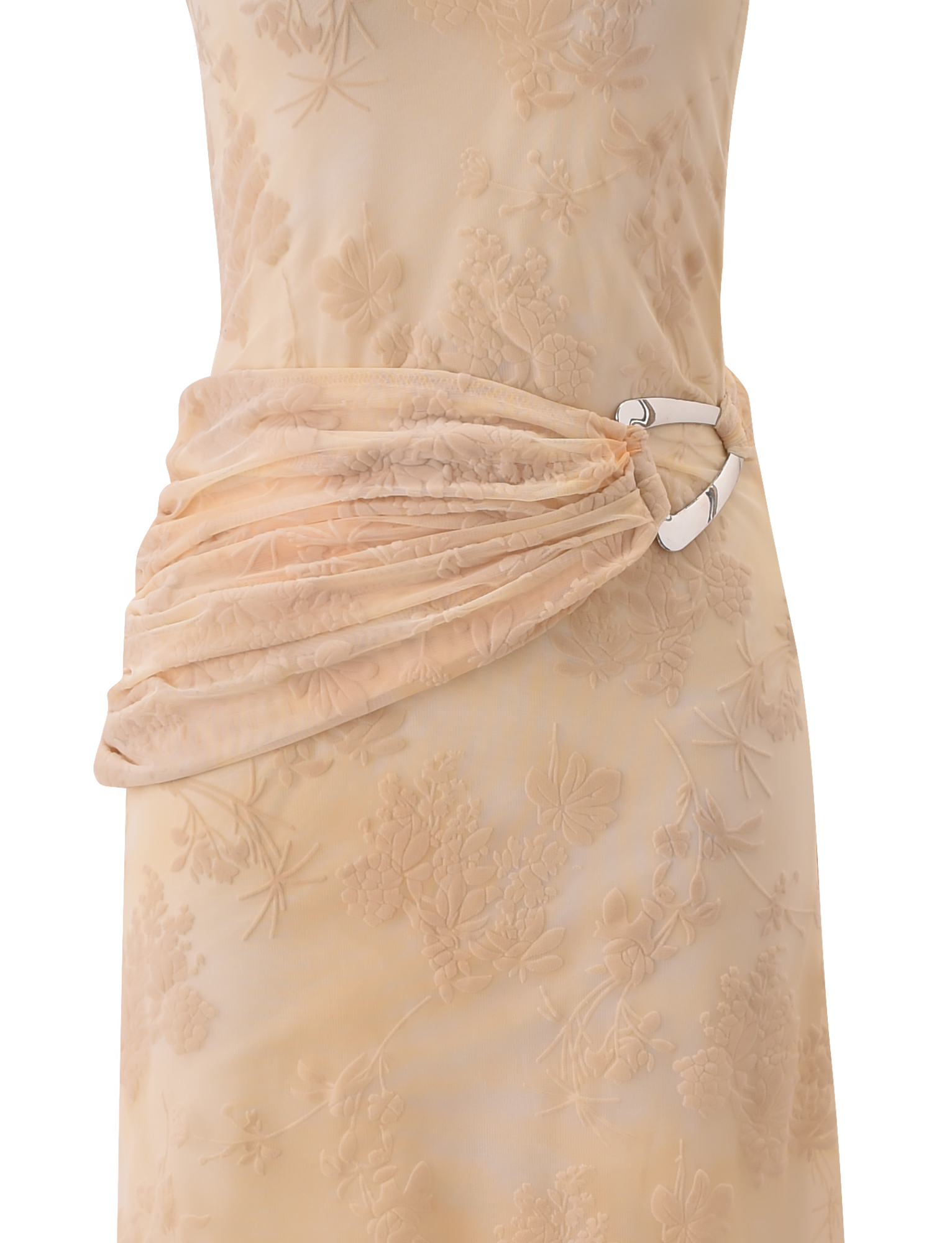 A close-up of the TIGERMIST CHARLYSE ONE SHOULDER MAXI DRESS in butter yellow, featuring floral mesh, delicate embroidery, and a gathered drape on one side secured by a silver clasp.