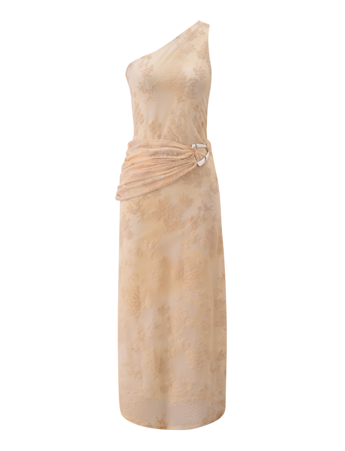 The TIGERMIST CHARLYSE ONE SHOULDER MAXI DRESS in butter yellow features a sleeveless, floral mesh design with a one-shoulder neckline and a draped sash at the waist, secured by a metallic ring on the left side.