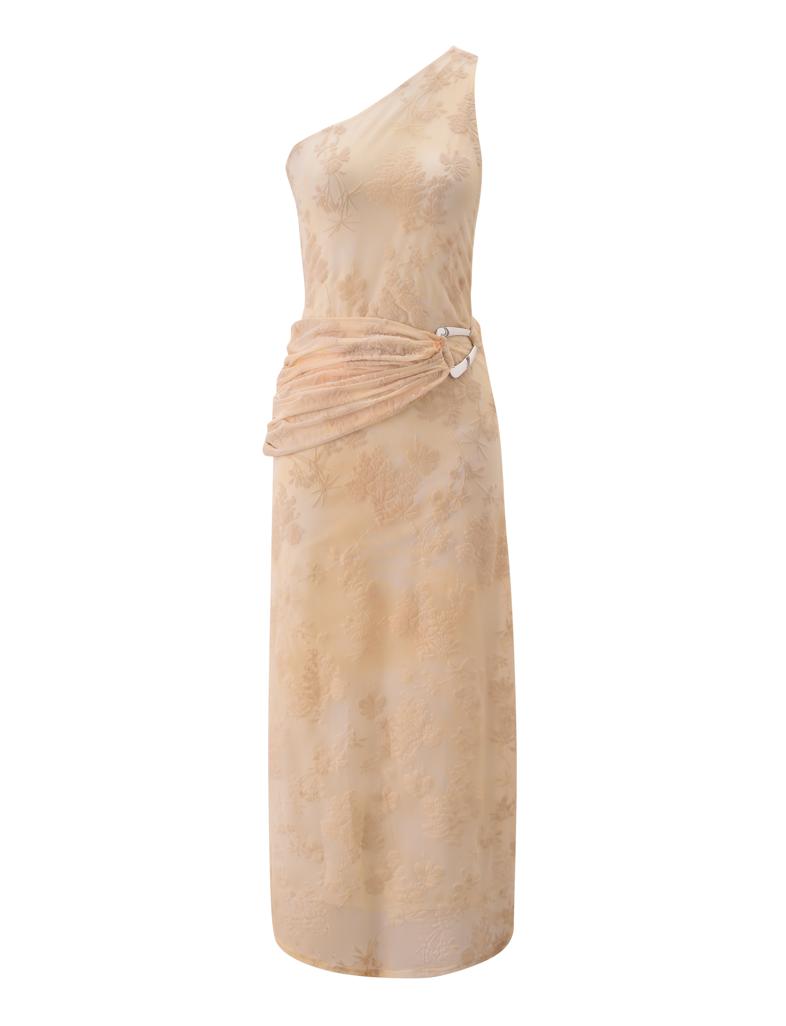 The TIGERMIST CHARLYSE ONE SHOULDER MAXI DRESS in butter yellow features a sleeveless, floral mesh design with a one-shoulder neckline and a draped sash at the waist, secured by a metallic ring on the left side.