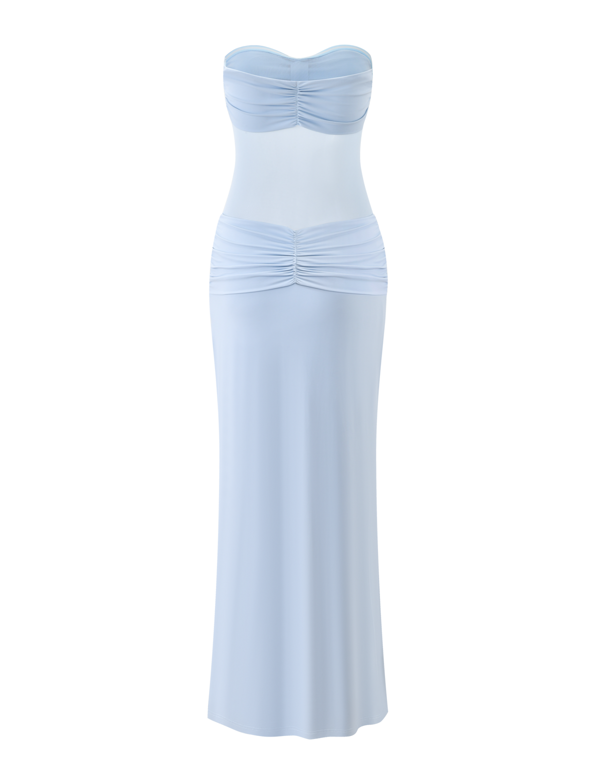 The TIGERMIST AIYANNA MAXI DRESS in light blue is a strapless maxi dress with a sweetheart neckline and ruched detailing at the bust and waist, shown on a white background.