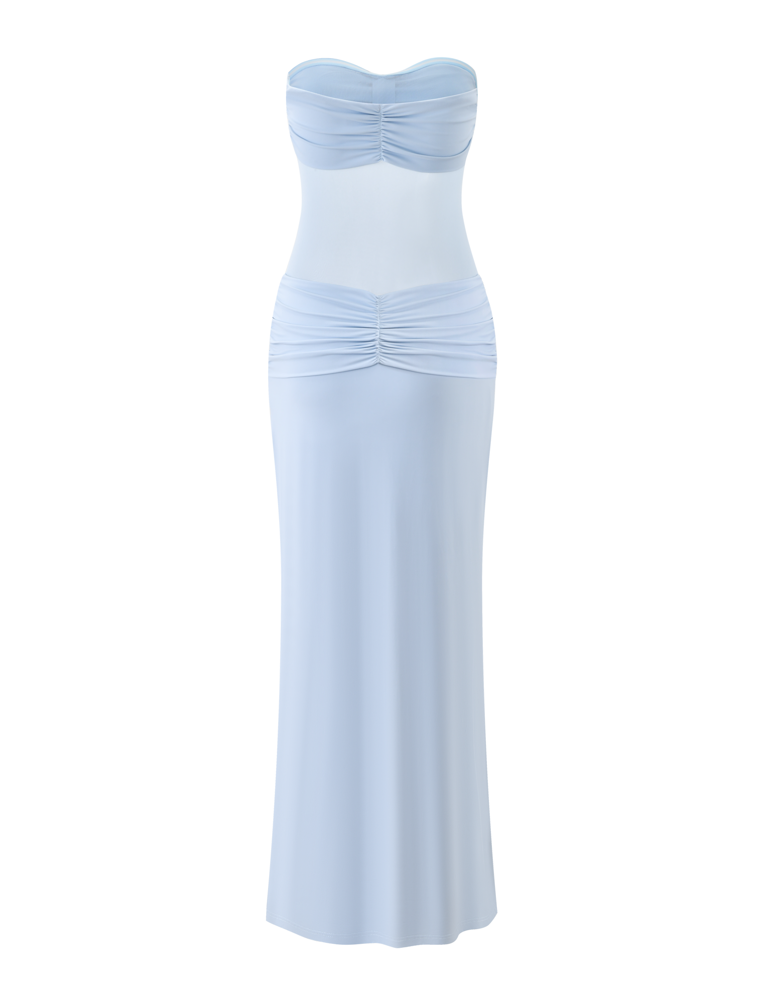 The TIGERMIST AIYANNA MAXI DRESS in light blue is a strapless maxi dress with a sweetheart neckline and ruched detailing at the bust and waist, shown on a white background.