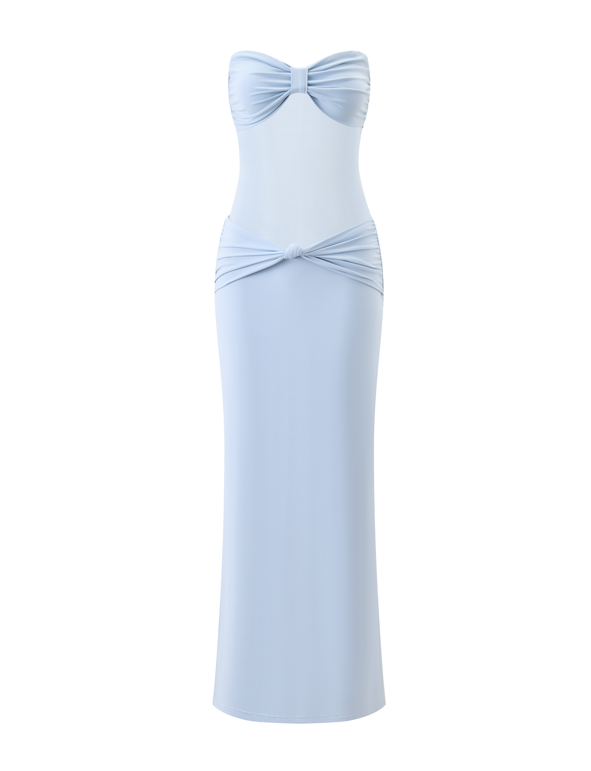 The AIYANNA MAXI DRESS by TIGERMIST is a light blue, strapless maxi with a sweetheart neckline, bow-tie knots at the bust and hips, a fitted silhouette, and an ankle-length hem.