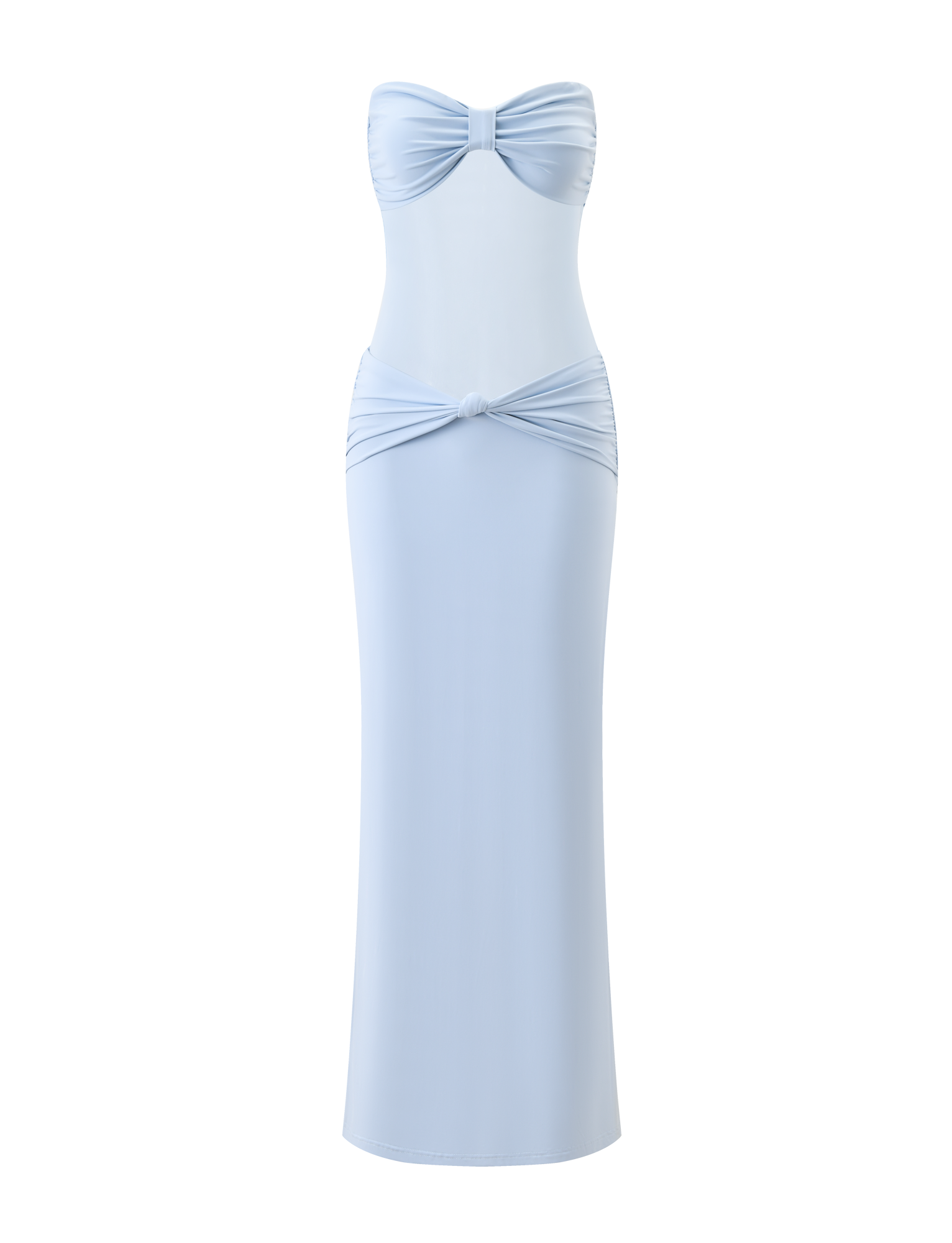 The AIYANNA MAXI DRESS by TIGERMIST is a light blue, strapless maxi with a sweetheart neckline, bow-tie knots at the bust and hips, a fitted silhouette, and an ankle-length hem.
