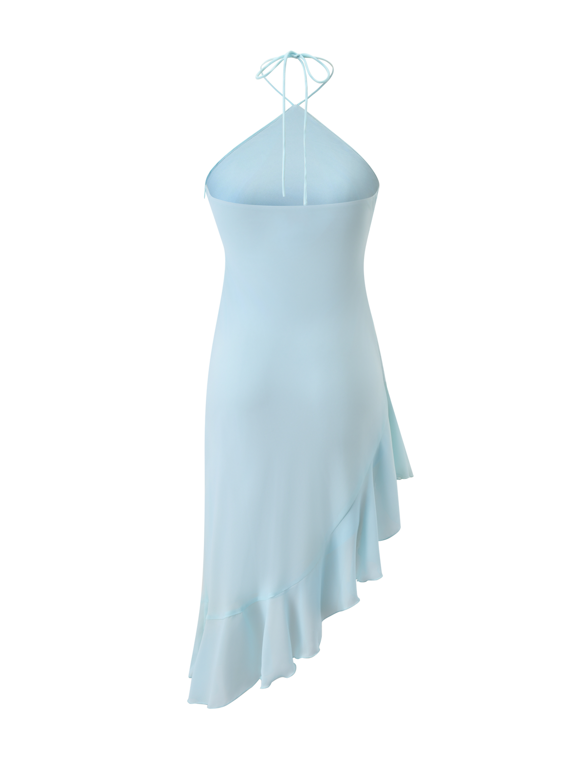 The TIGERMIST ELARINA MIDI DRESS in Mermaid Blue features a halter neck, asymmetrical hem, and soft ruffle details at the bottom, shown against a plain white background.