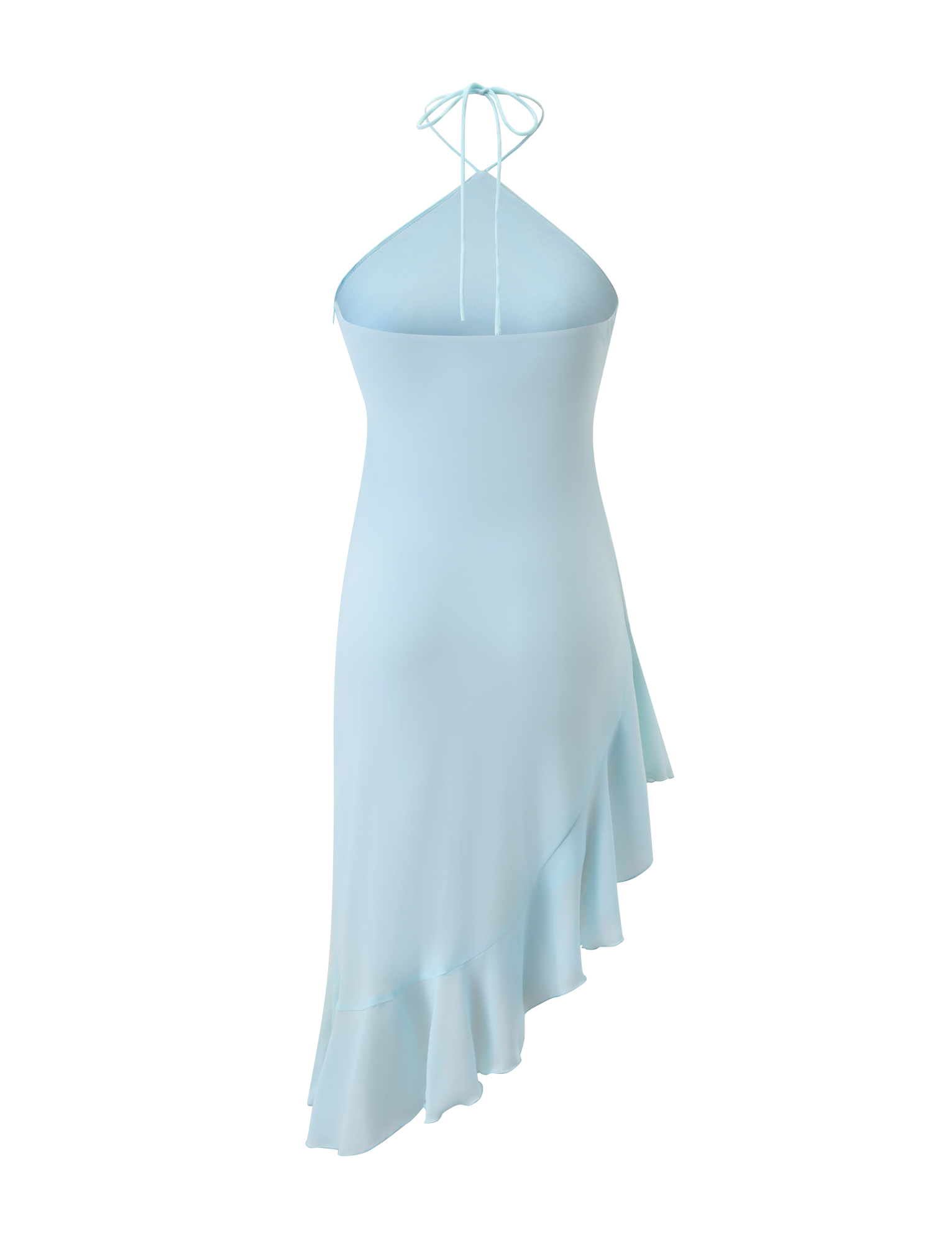 The TIGERMIST ELARINA MIDI DRESS in Mermaid Blue features a halter neck, asymmetrical hem, and soft ruffle details at the bottom, shown against a plain white background.