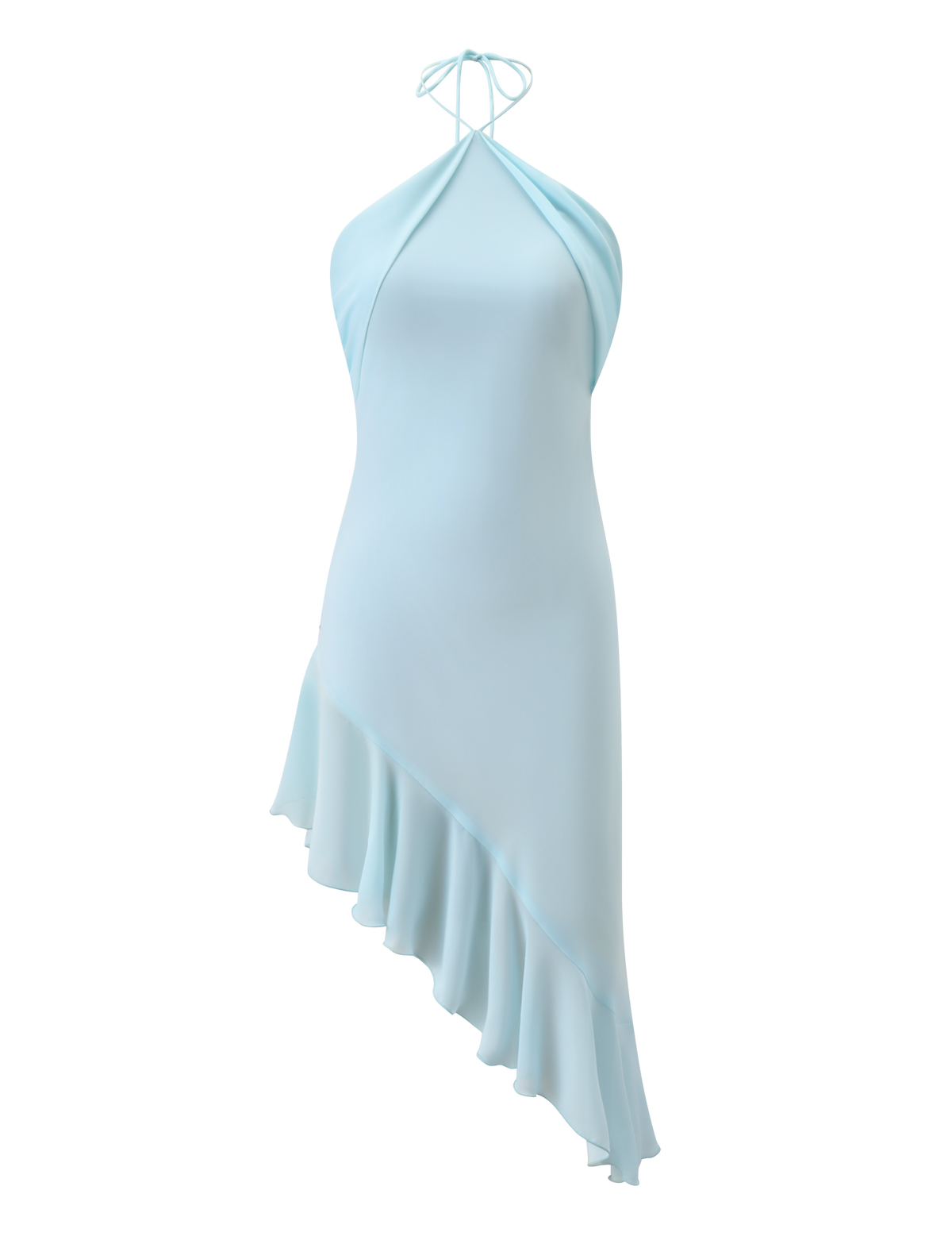 The ELARINA MIDI DRESS in Mermaid Blue by TIGERMIST features a halter-neck, asymmetrical hemline, and ruffled edge—a chic blue ruffle midi dress perfect for summer occasions.