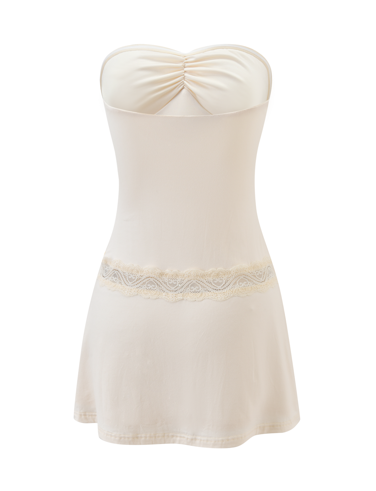 The DELARA DRESS by TIGERMIST is a strapless cream mini dress with a figure-hugging silhouette, ruched bust, and decorative lace waist insert, shown against a plain white background.