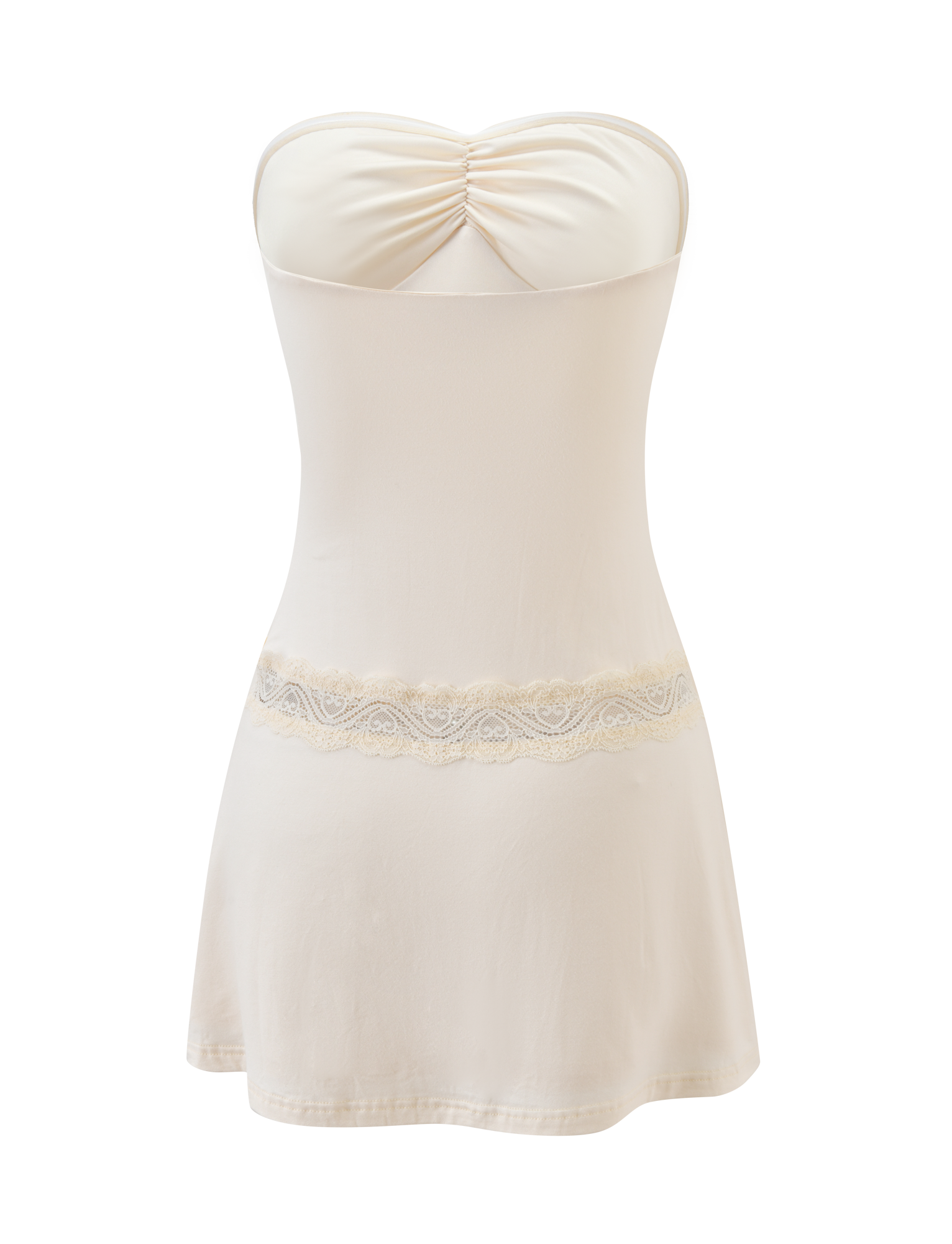 The DELARA DRESS by TIGERMIST is a strapless cream mini dress with a figure-hugging silhouette, ruched bust, and decorative lace waist insert, shown against a plain white background.