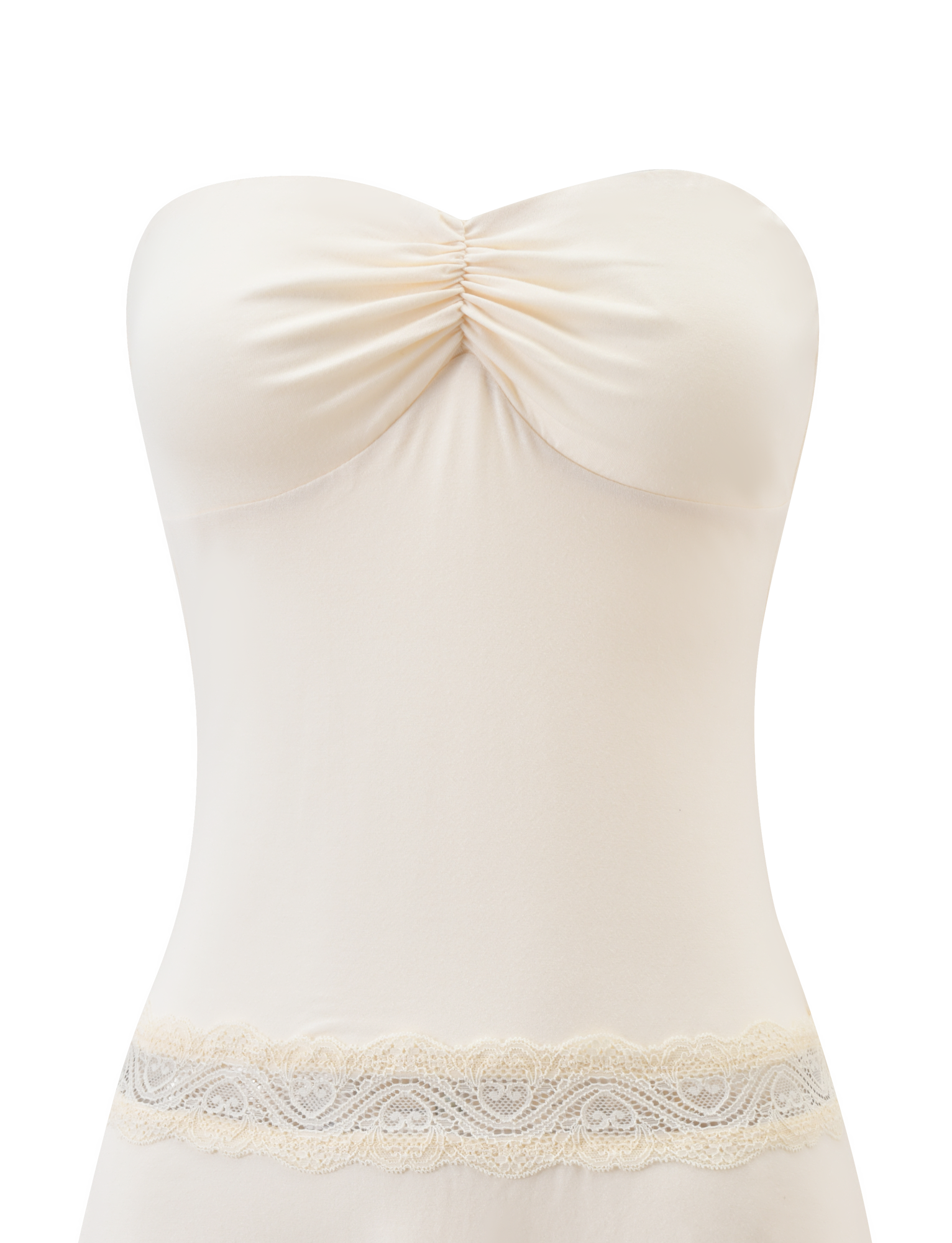 The DELARA DRESS - CREAM by TIGERMIST is a strapless mini dress with a figure-hugging fit, ruched bust, and delicate lace waist insert, shown on a white background.