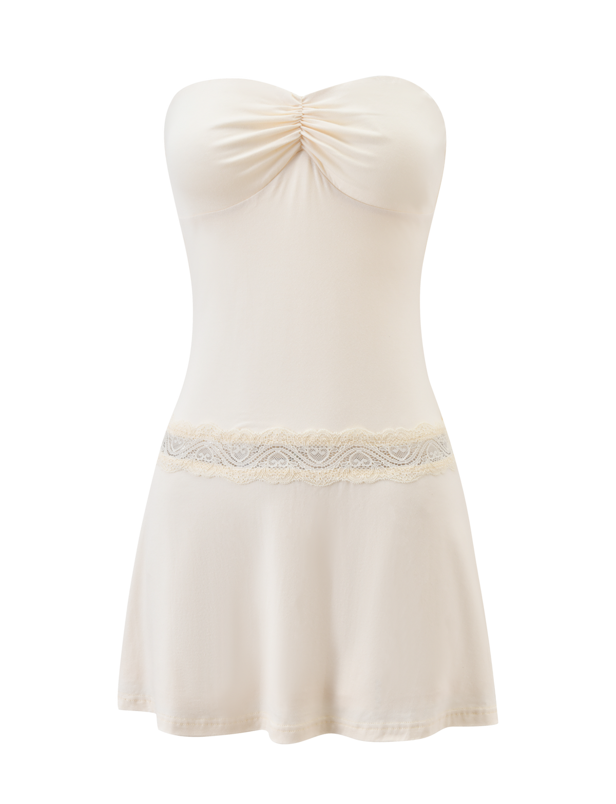 The DELARA DRESS by TIGERMIST features a strapless cream mini design with a ruched bust, lace waist insert, and a figure-hugging silhouette, shown against a plain white background.