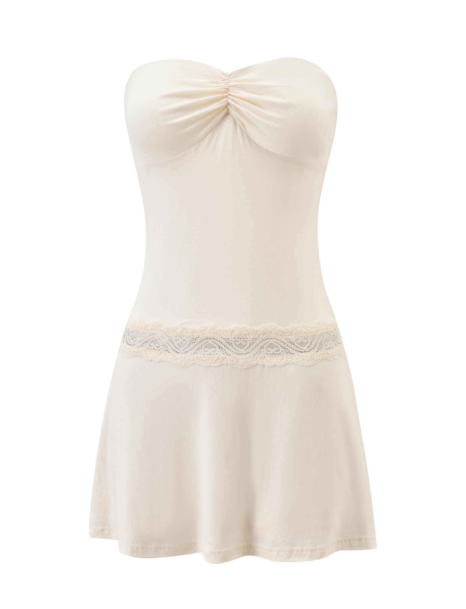 The DELARA DRESS by TIGERMIST features a strapless cream mini design with a ruched bust, lace waist insert, and a figure-hugging silhouette, shown against a plain white background.