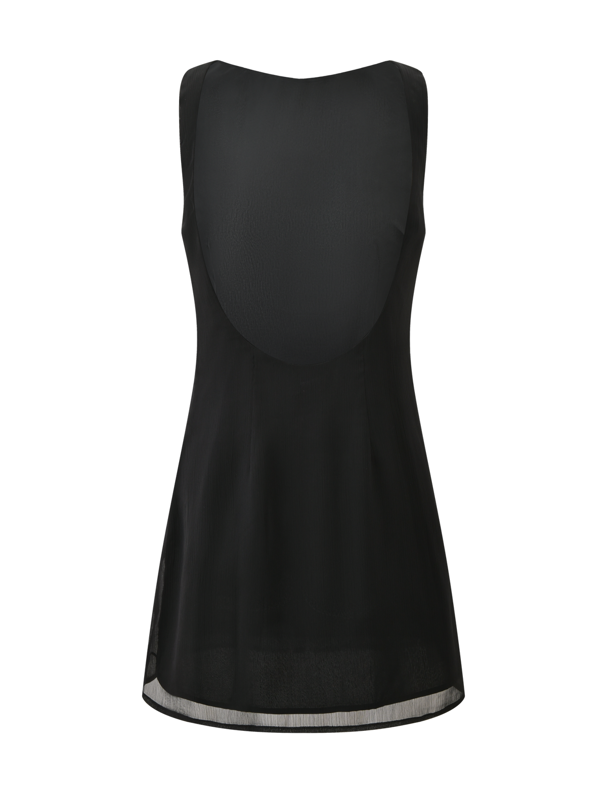 The KAELIE MINI DRESS by TIGERMIST is a sleeveless black dress with a scoop neckline and subtly flared sheer hem, shown from the back against a plain white background.