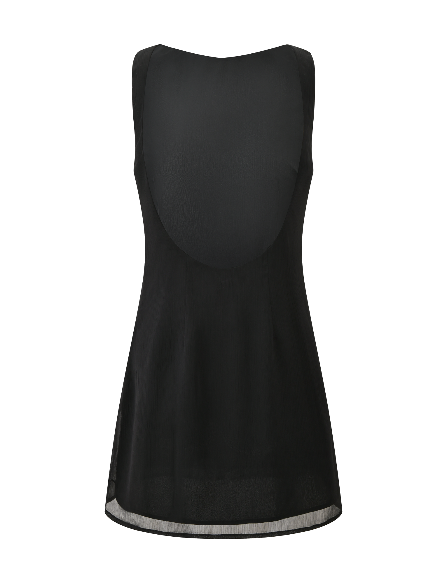 The KAELIE MINI DRESS by TIGERMIST is a sleeveless black dress with a scoop neckline and subtly flared sheer hem, shown from the back against a plain white background.