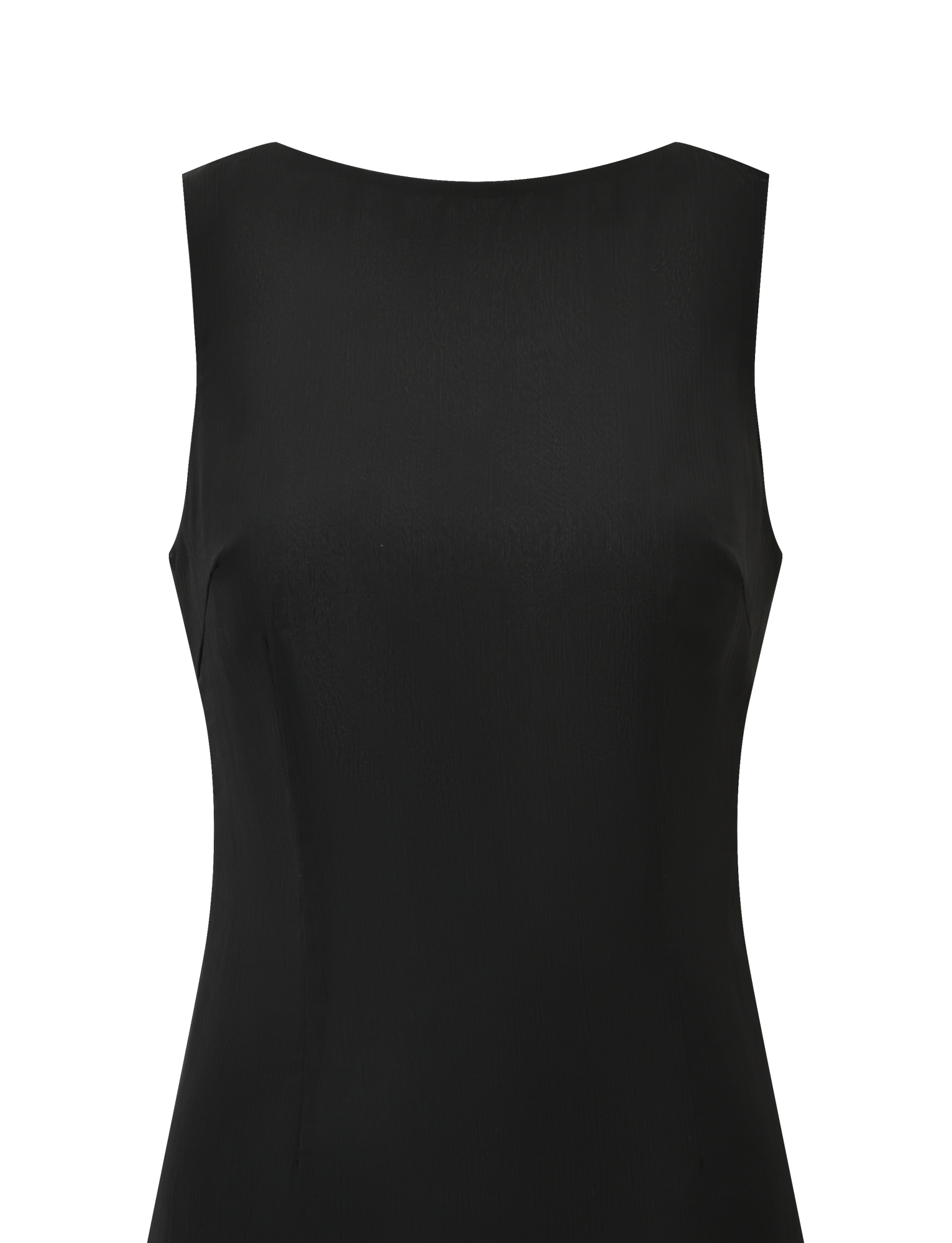 The KAELIE MINI DRESS by TIGERMIST is a sleeveless black dress with a boat neckline, shown front-facing on a plain white background. Its simple, fitted silhouette has no visible embellishments.