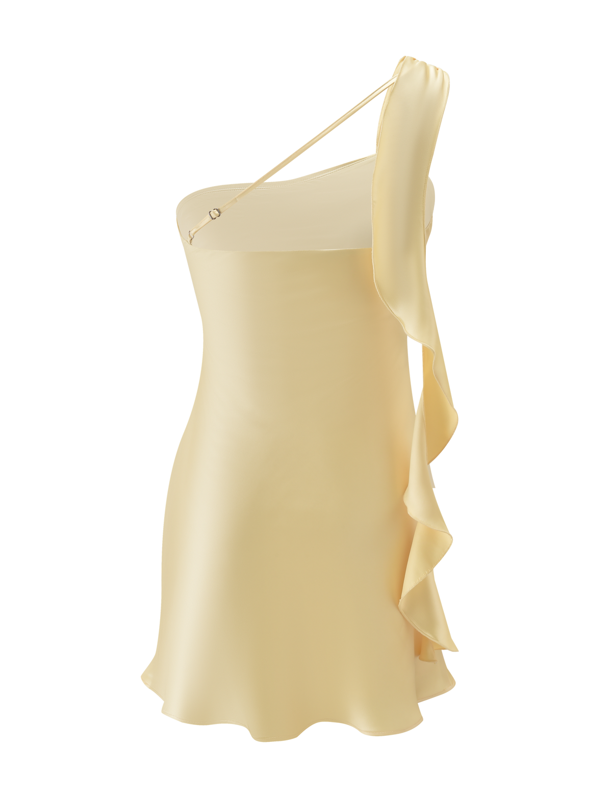 The RAINEY MINI DRESS - BUTTER by TIGERMIST is a light yellow one-shoulder satin A-line mini dress featuring a thin strap and cascading side ruffle, shown on a plain white background.
