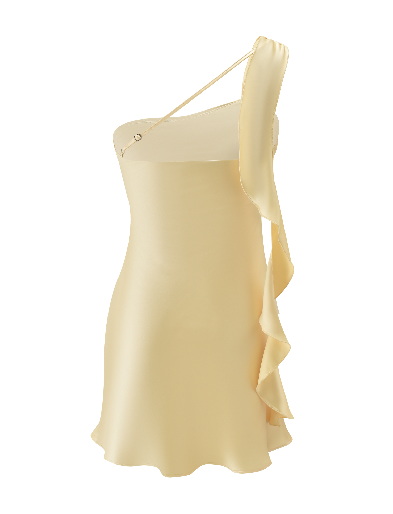 The RAINEY MINI DRESS - BUTTER by TIGERMIST is a light yellow one-shoulder satin A-line mini dress featuring a thin strap and cascading side ruffle, shown on a plain white background.