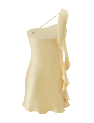 The RAINEY MINI DRESS - BUTTER by TIGERMIST is a light yellow one-shoulder satin A-line mini dress featuring a thin strap and cascading side ruffle, shown on a plain white background.