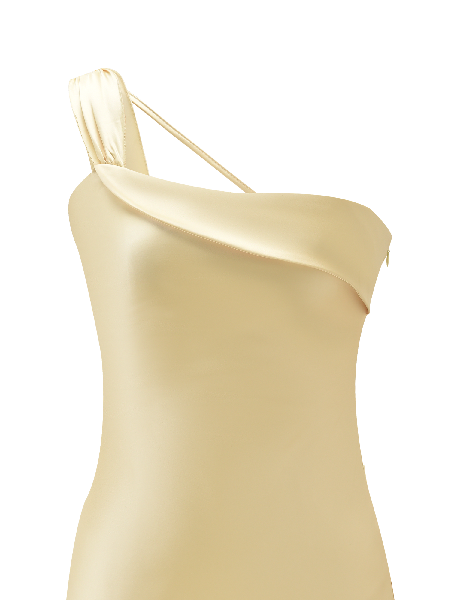 A close-up of the TIGERMIST RAINEY MINI DRESS in Butter, featuring a light yellow satin fabric, one-shoulder design, asymmetrical neckline, and draped detail. The background is plain white.