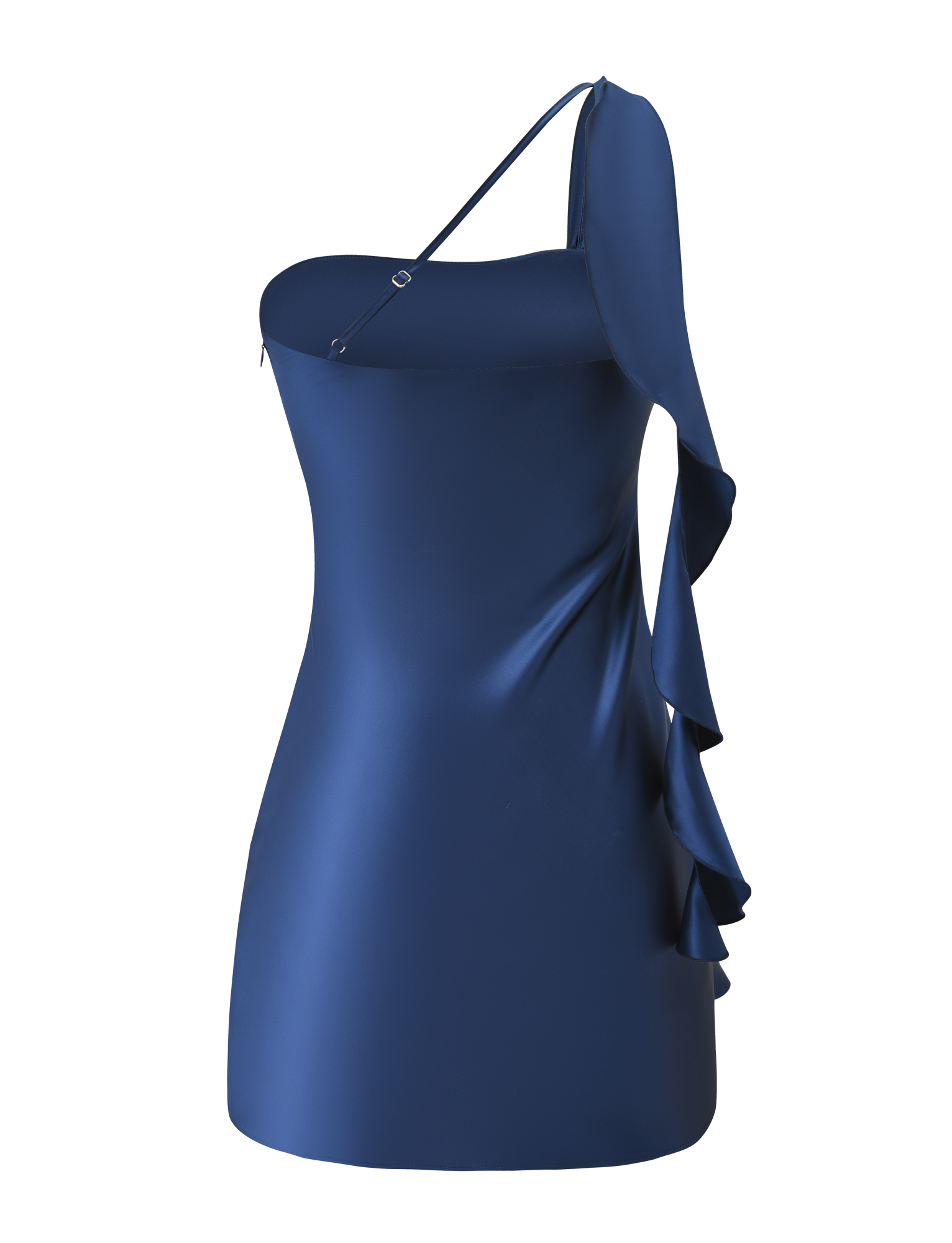 The RAINEY MINI DRESS - NAVY by TIGERMIST is a sleeveless, one-shoulder satin mini dress in navy with a fitted silhouette and dramatic waterfall ruffle down one side, shown on a plain white background.