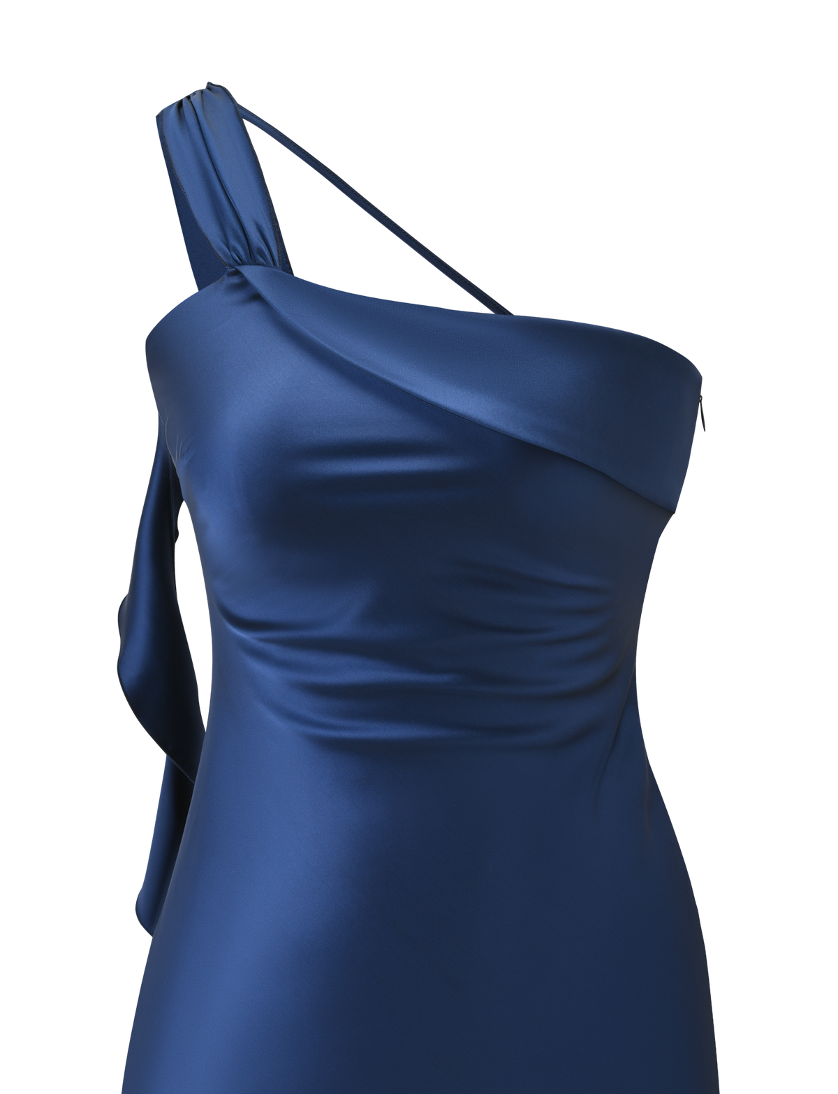 A close-up of the TIGERMIST RAINEY MINI DRESS in navy, showcasing its asymmetrical design with one thick and one thin strap, a fitted silhouette, and a subtle waterfall ruffle, set against a plain white background.
