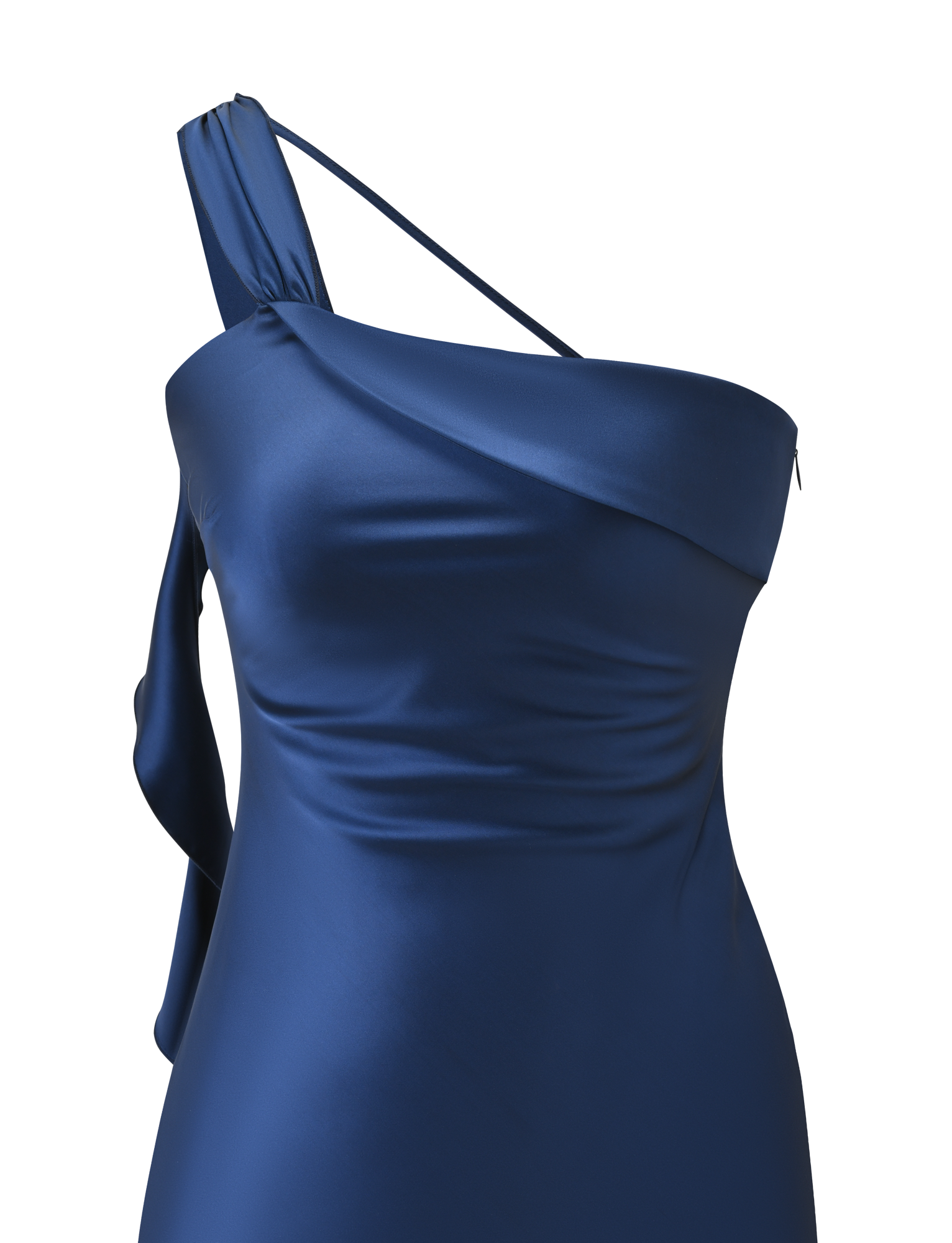 A close-up of the TIGERMIST RAINEY MINI DRESS in navy, showcasing its asymmetrical design with one thick and one thin strap, a fitted silhouette, and a subtle waterfall ruffle, set against a plain white background.